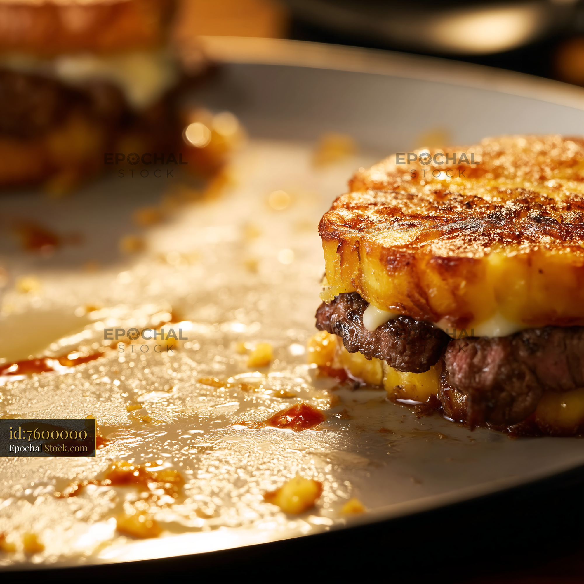 Jibarito Burger with Caramelized Plantain, Beef, and Savory Sauce on Elegant Plate - stock photo