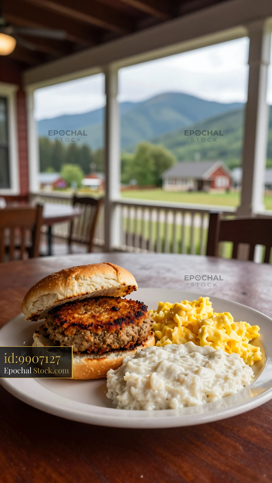 Livermush Sandwich Farmland Lunch with Mountain View - stock photo