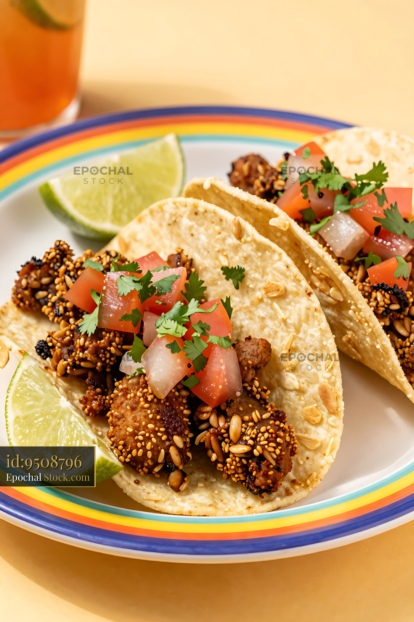 Goetta Tacos with Crispy Sesame Crust and Fresh Salsa - stock photo