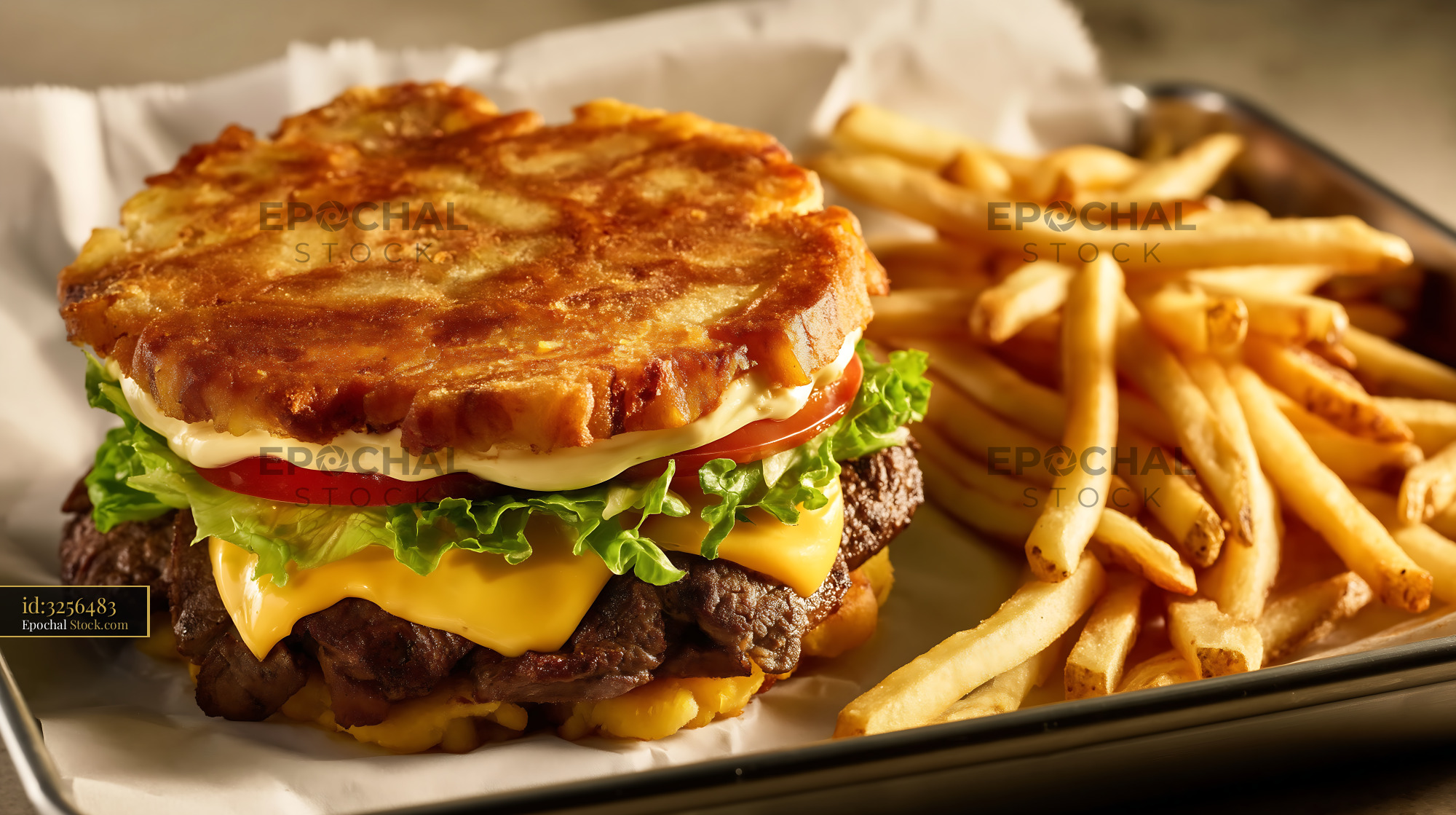 Jibarito Burger Fried Plantain Bun with Fries - stock photo