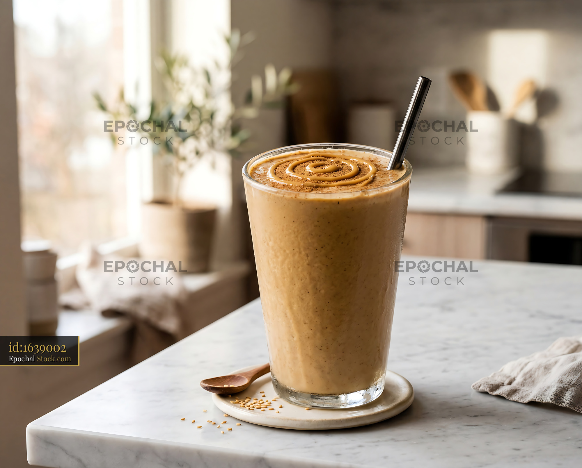 Tahini Date Shake with Sesame Spiral Top - stock photo
