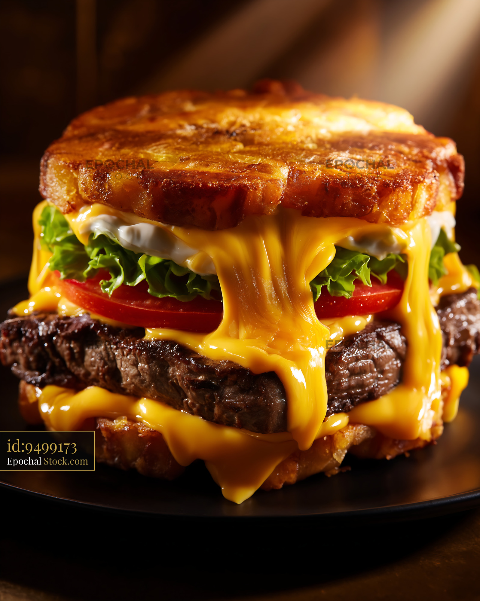 Jibarito Burger with Dripping Melted Cheese and Fresh Vegetables - stock photo