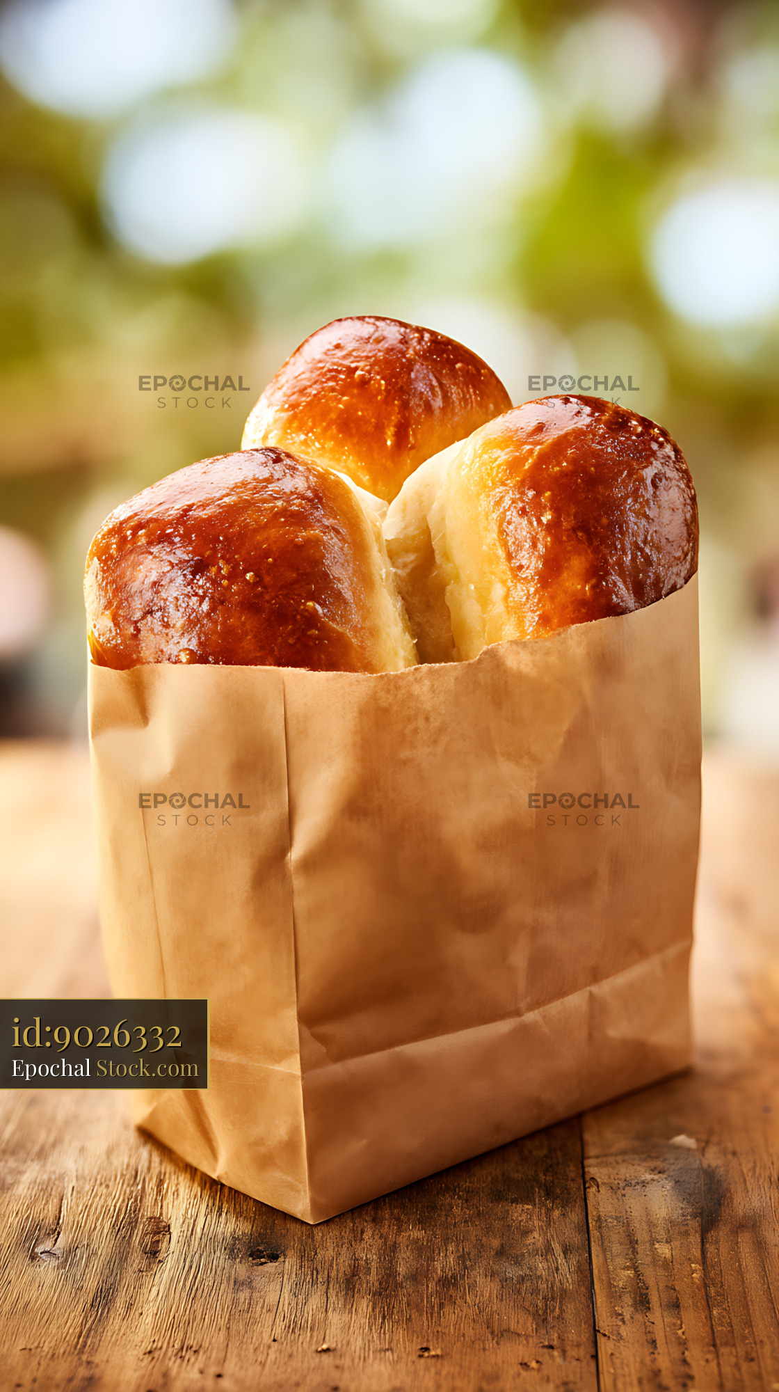 Bierocks in Kraft Paper Bag, Freshly Baked Golden Rolls on Wooden Table - stock photo