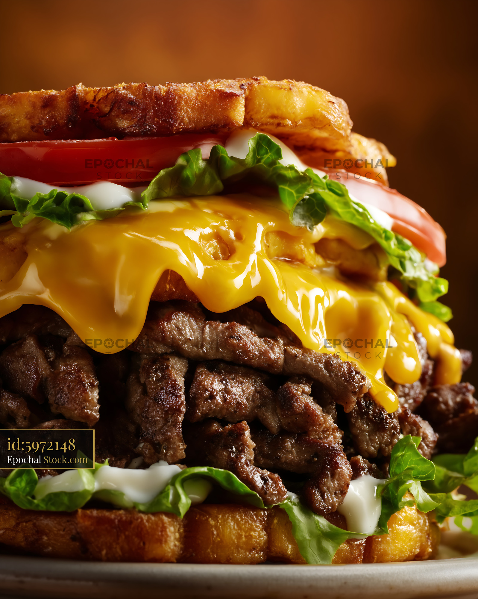 Gourmet Jibarito Burger on Crispy Fried Plantain with Melted Cheese - stock photo