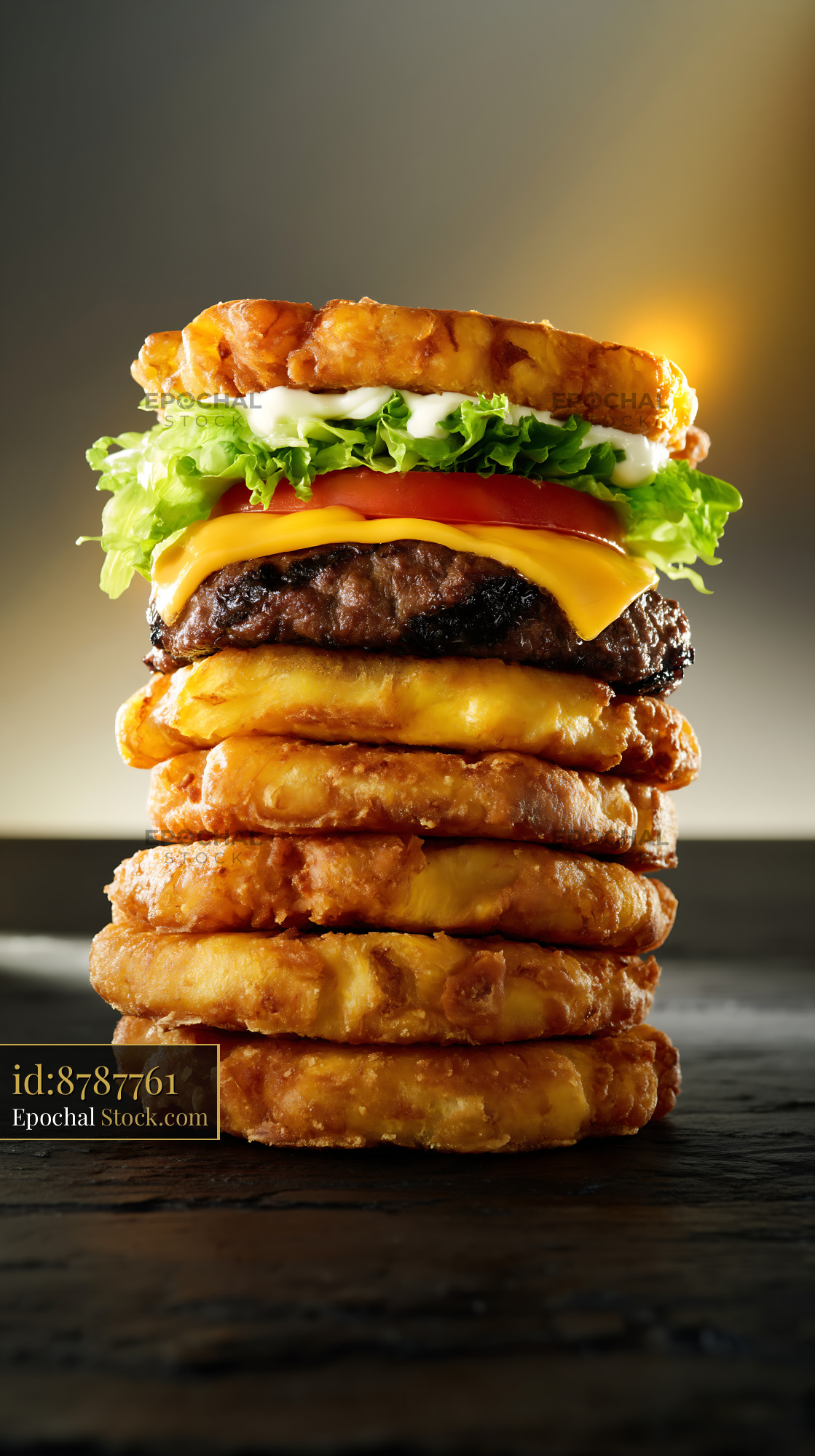 Jibarito Burger Stacked with Golden Fried Plantains, Beef, and Melted Cheese - stock photo