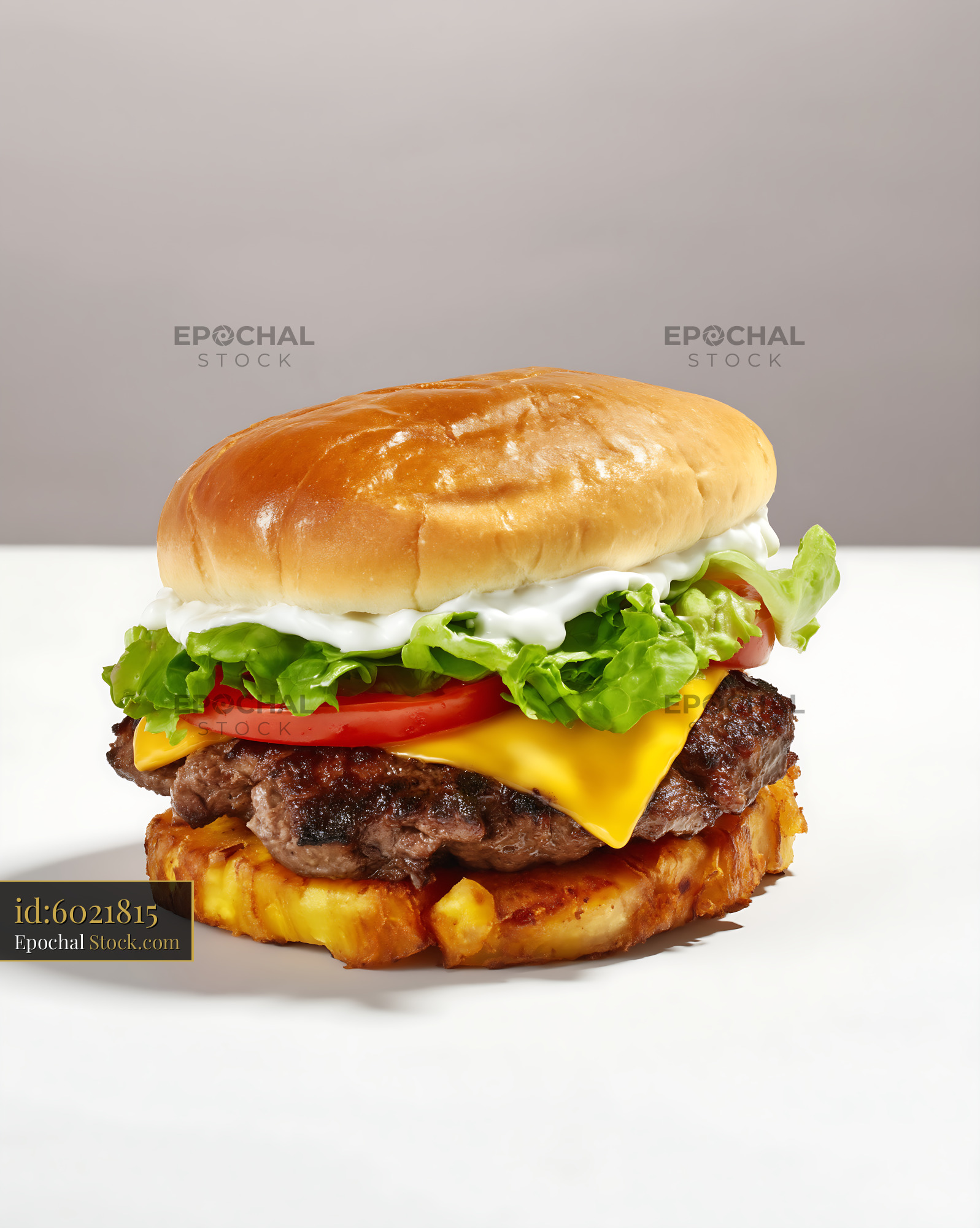 Jibarito Burger on Fried Plantains with Melted Cheese and Fresh Toppings - stock photo