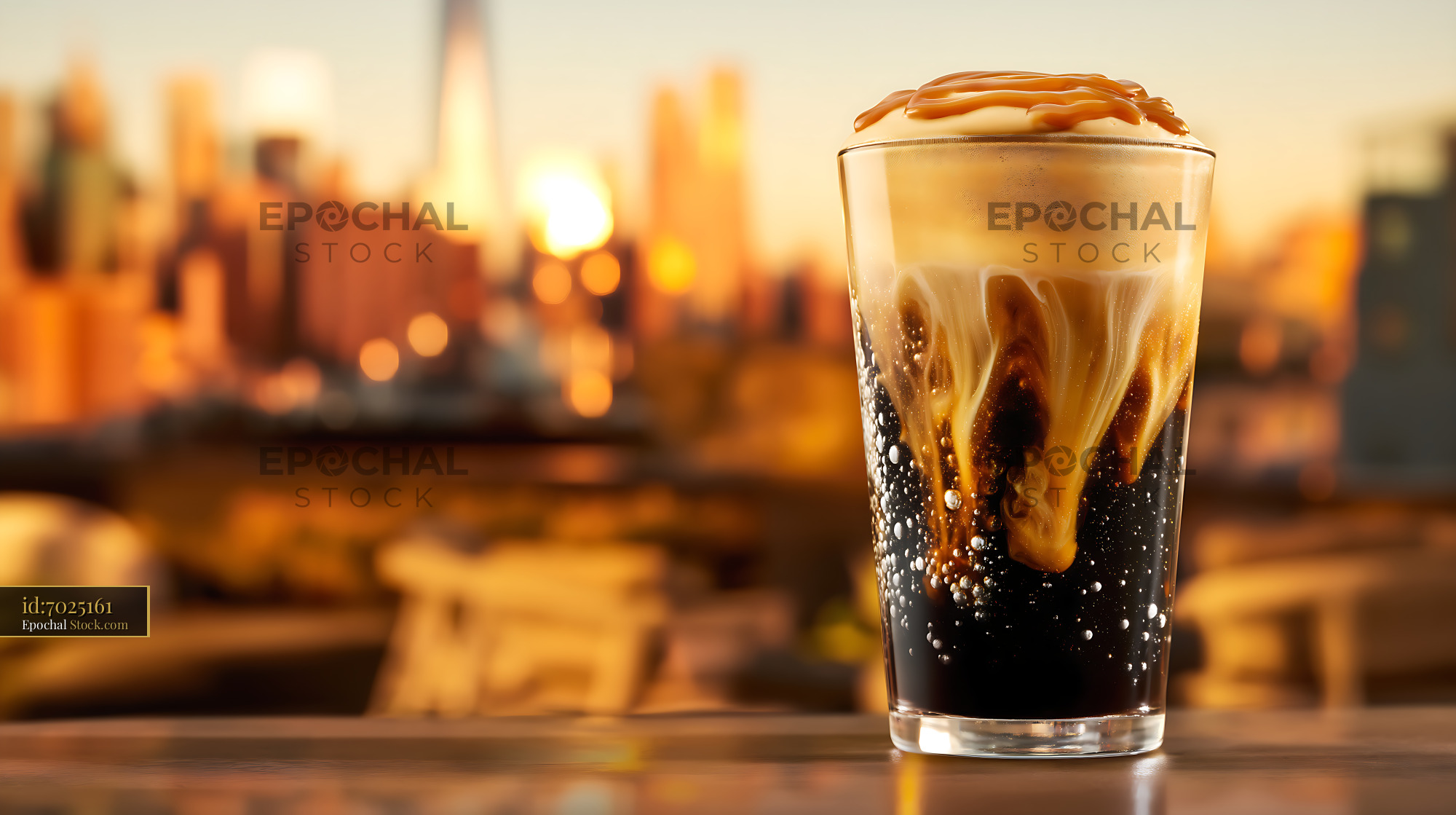 Nitro Caramel Coffee with Sunset City Skyline - stock photo