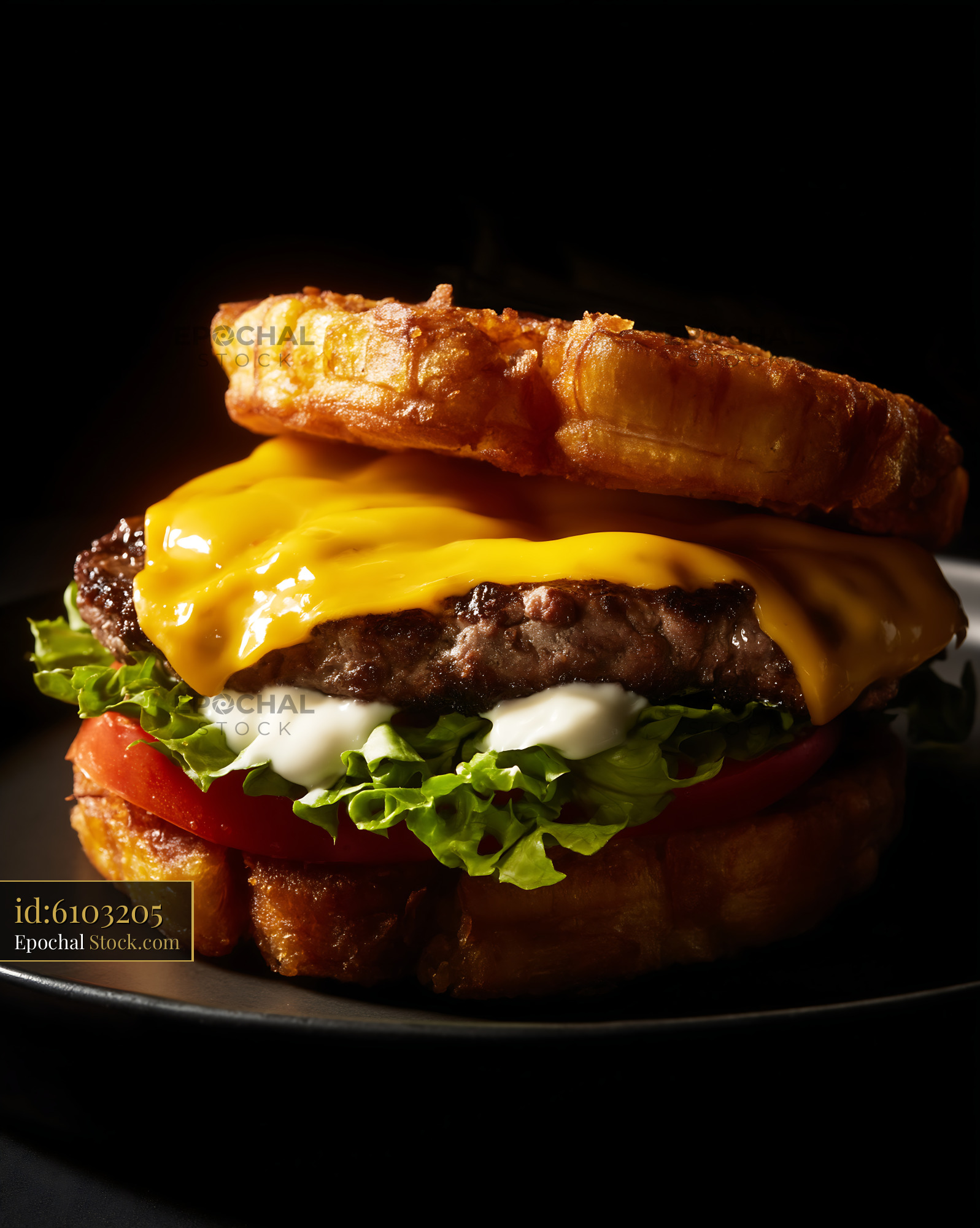 Jibarito Burger with Fried Plantain Bun, Melted Cheese, Fresh Toppings - stock photo