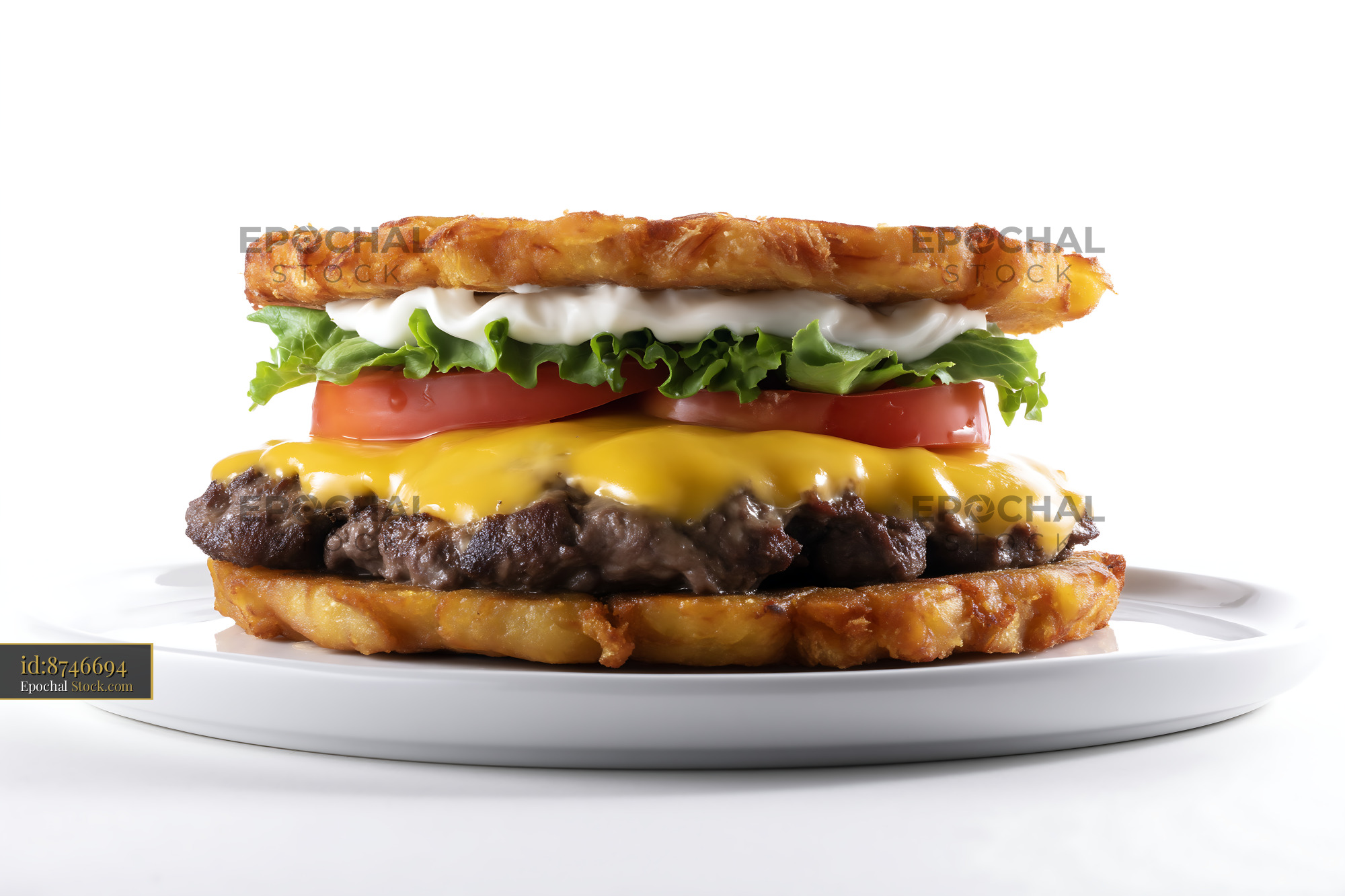 Jibarito Burger with Fried Plantain, Beef, Cheese and Fresh Toppings - stock photo