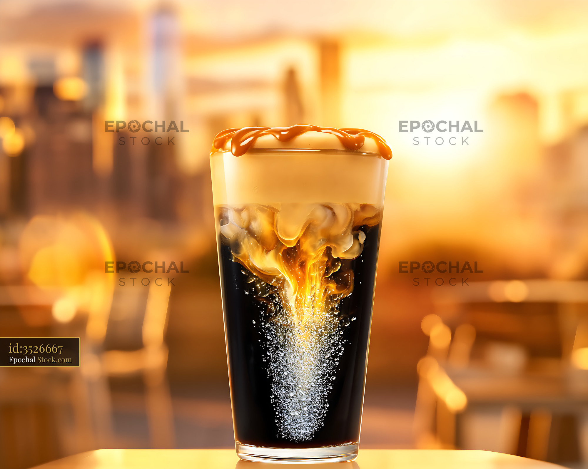 Nitro Caramel Coffee Glass Golden Sunset - stock photo