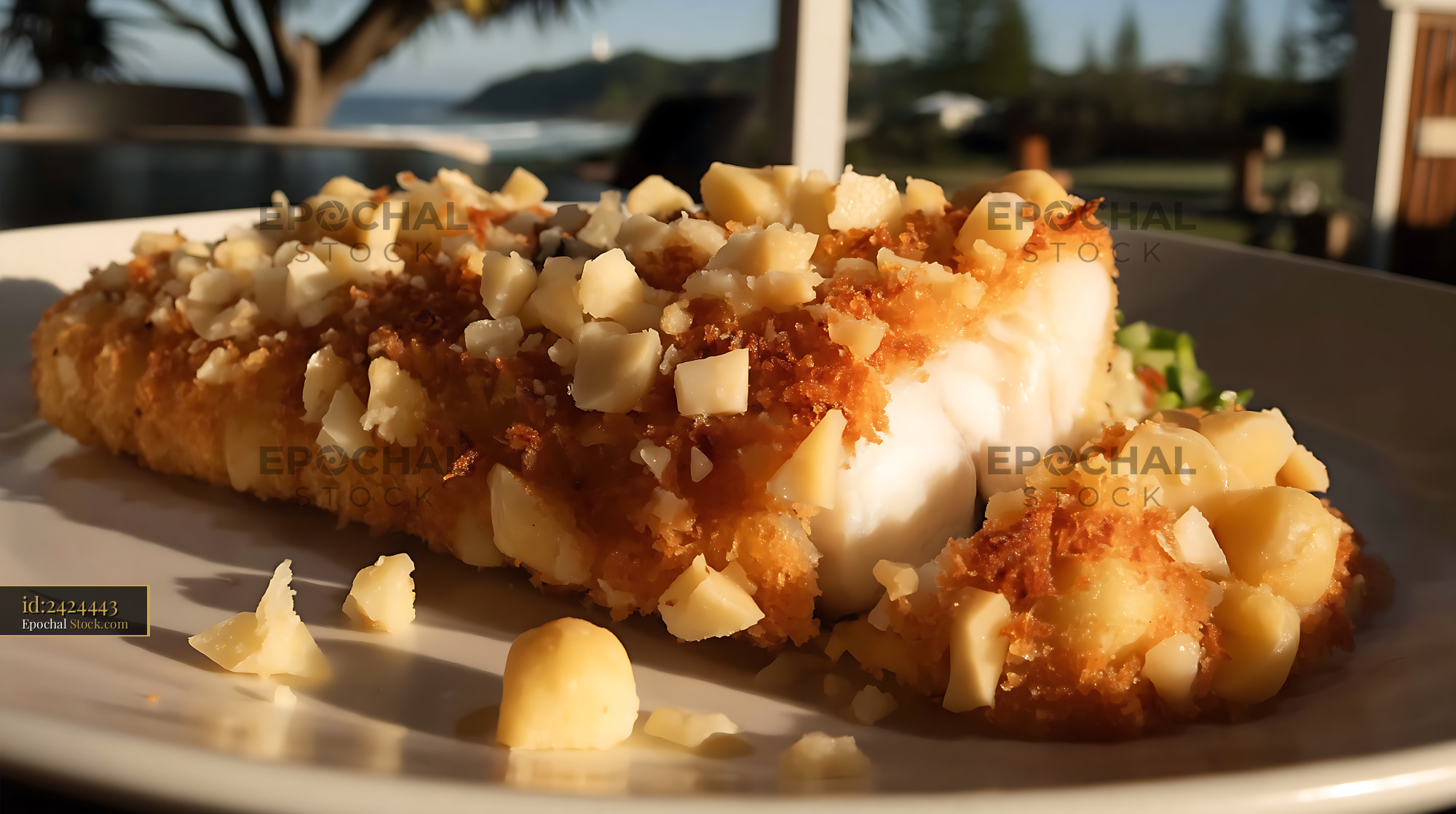 Macadamia Crusted Fish with Tropical Ocean View - stock photo