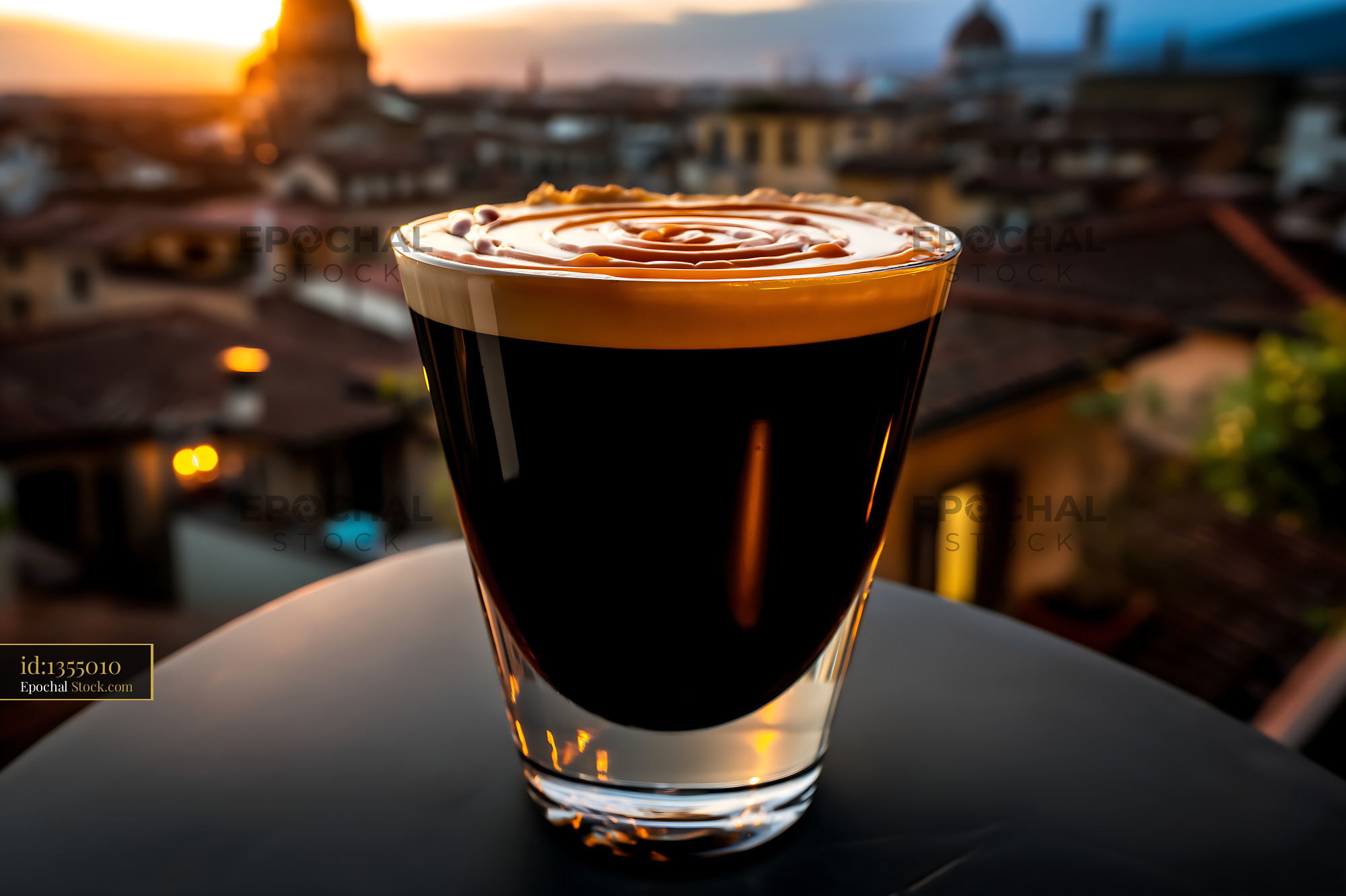 Nitro Caramel Coffee with City Skyline View - stock photo