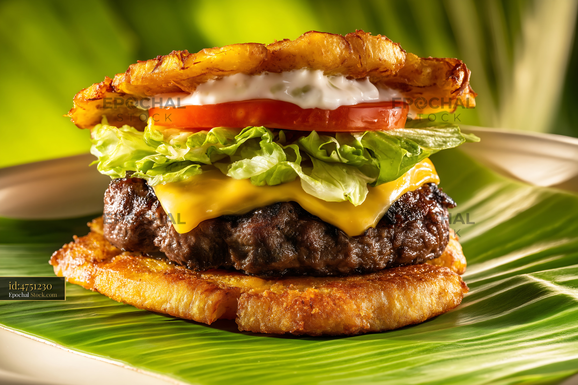Gourmet Burger with Fried Plantain Buns on Leaf - stock photo