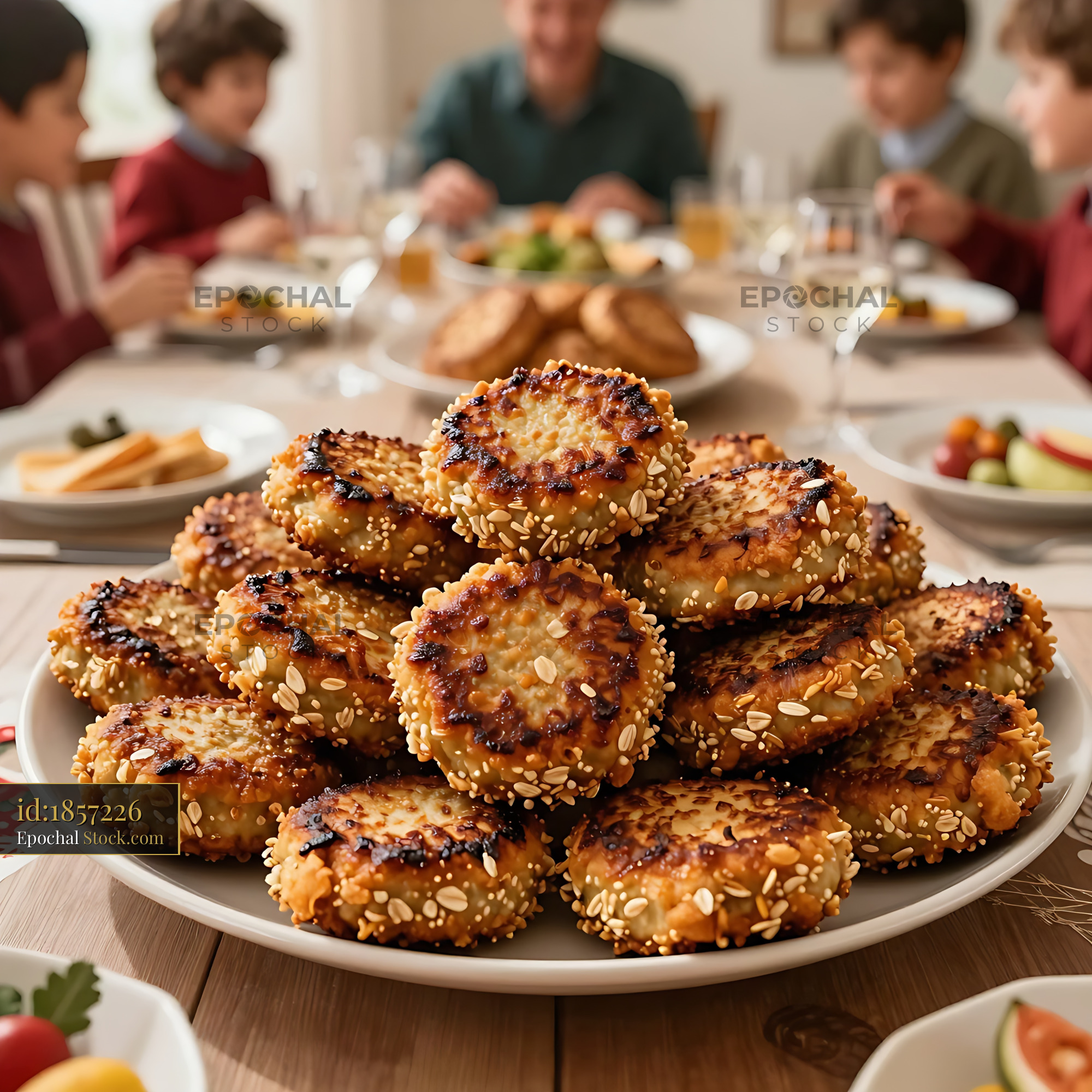 Sesame Chicken Bites Served During Family Dinner - stock photo