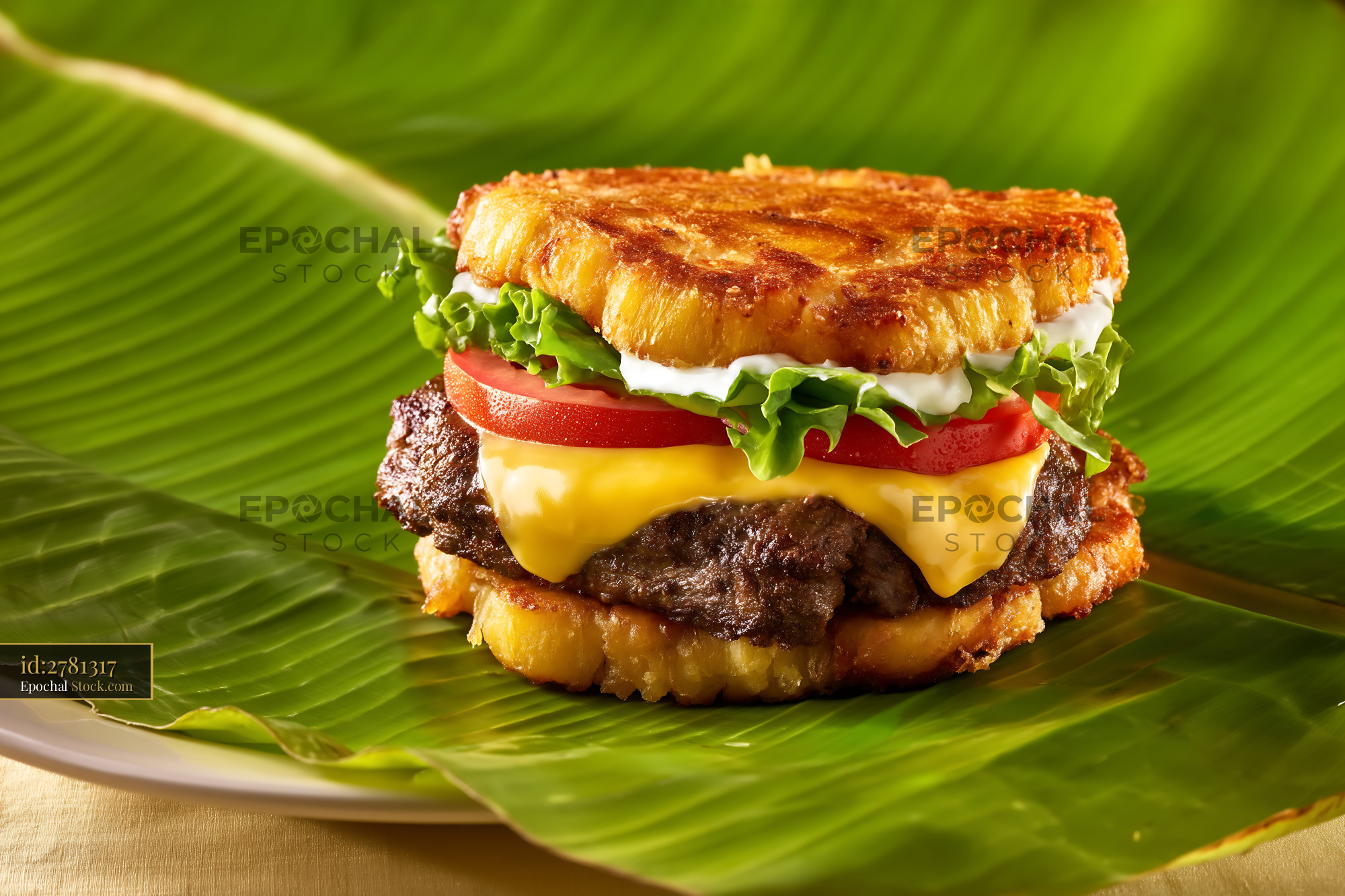 Gourmet Cheeseburger on Tropical Banana Leaf - stock photo