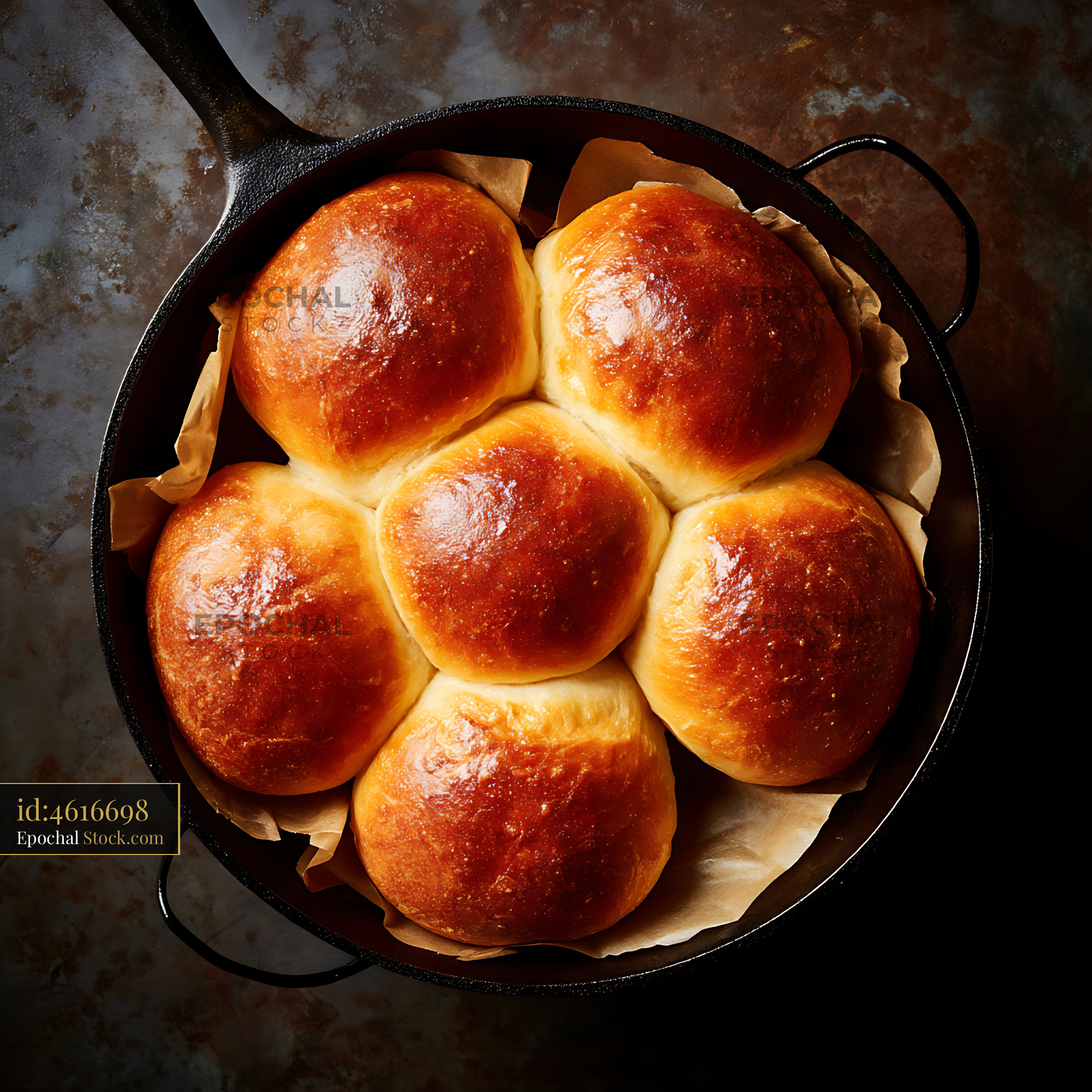 Freshly Baked Dinner Rolls in Cast Iron Skillet - stock photo