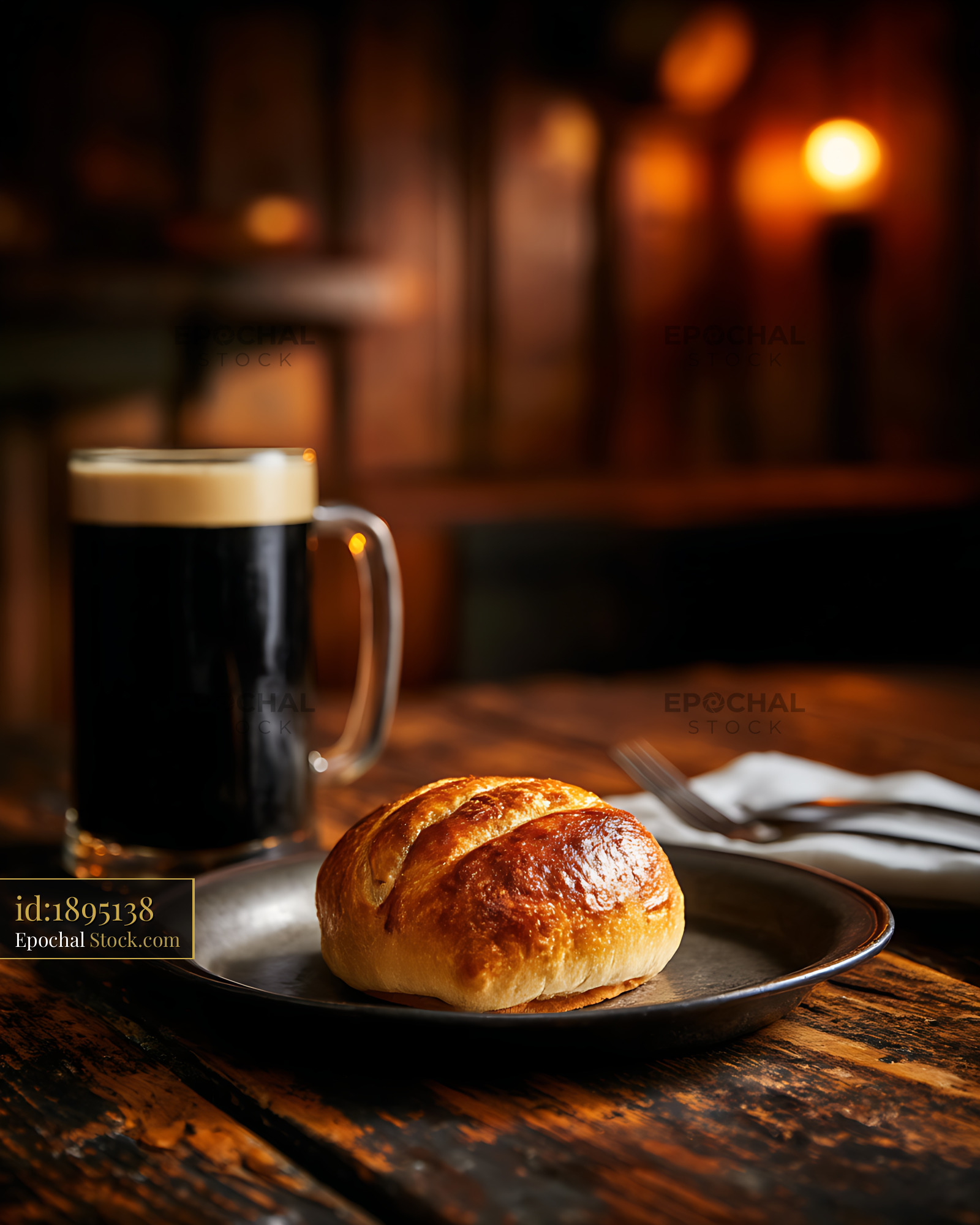 Dark Stout Beer and Artisan Bread in Cozy Pub - stock photo