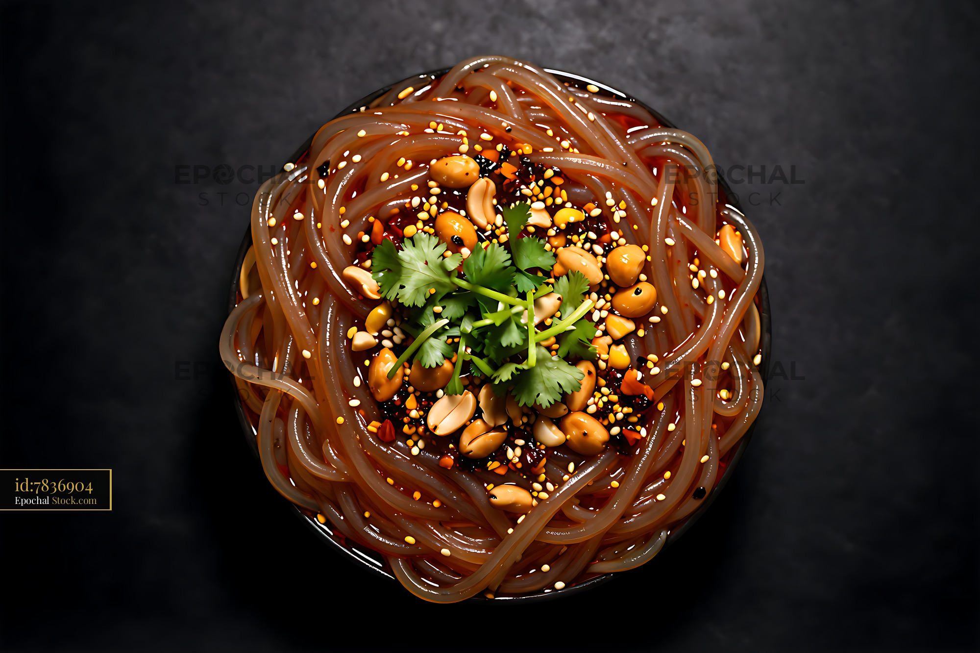 Glazed Sesame Noodles with Cashews and Herbs - stock photo