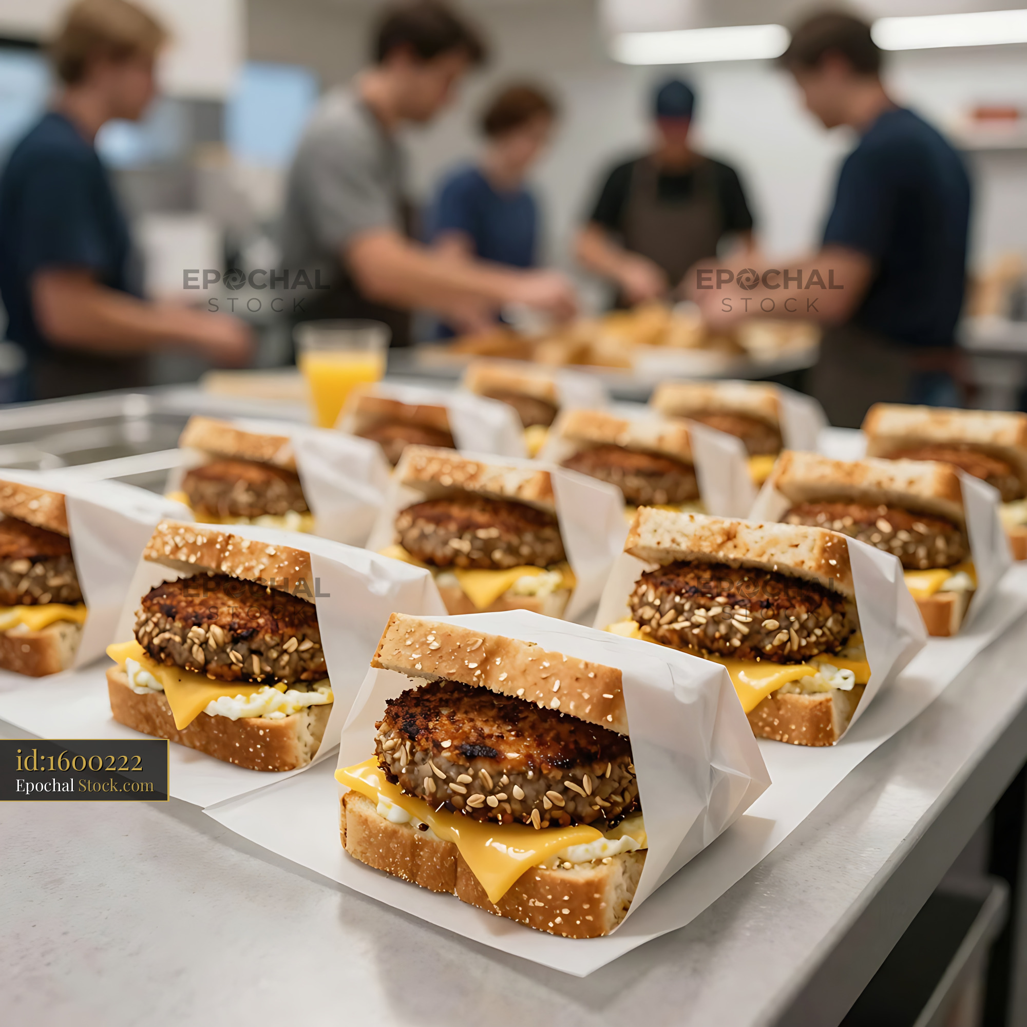 Gourmet Cheeseburgers Prepared in Professional Kitchen - stock photo