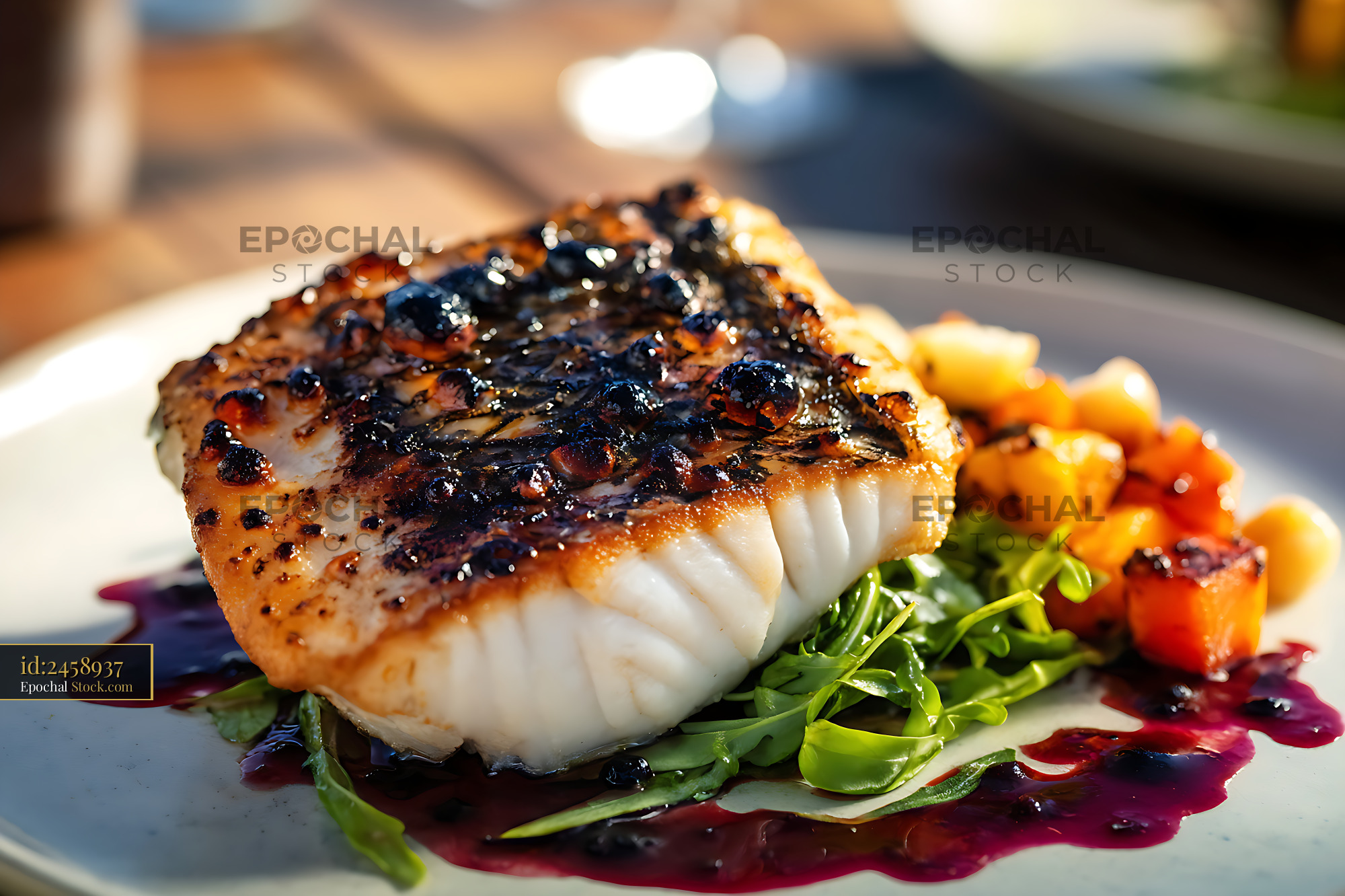 Murray Cod Fillet with Seared Crust and Beet Reduction - stock photo