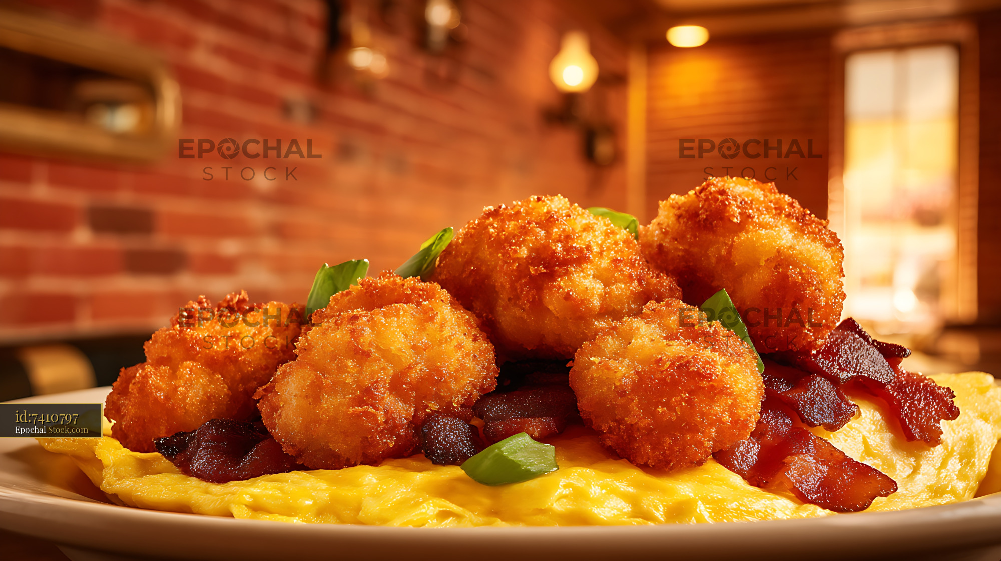 Crispy Fried Croquettes with Eggs and Bacon - stock photo