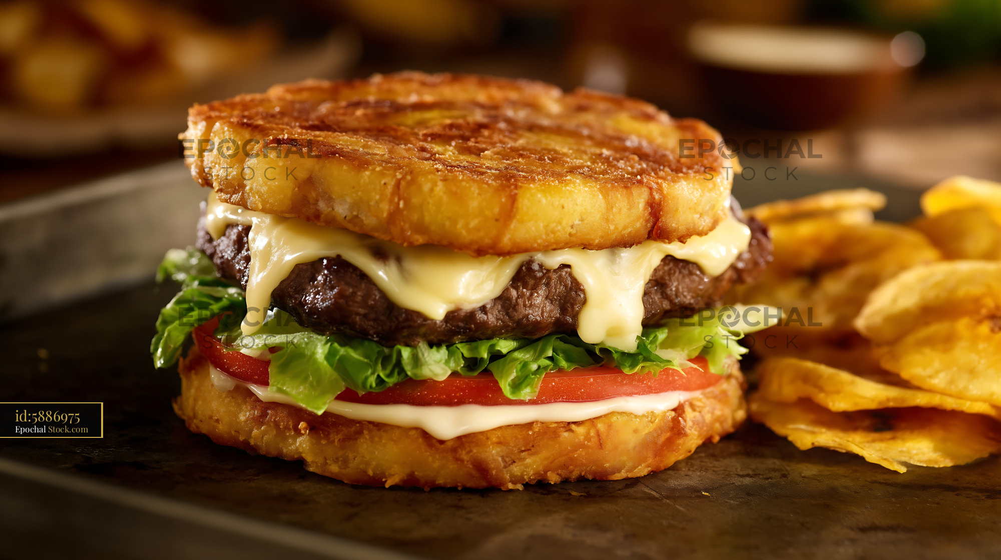 Gourmet Brioche Burger with Melted Cheese & Fries - stock photo