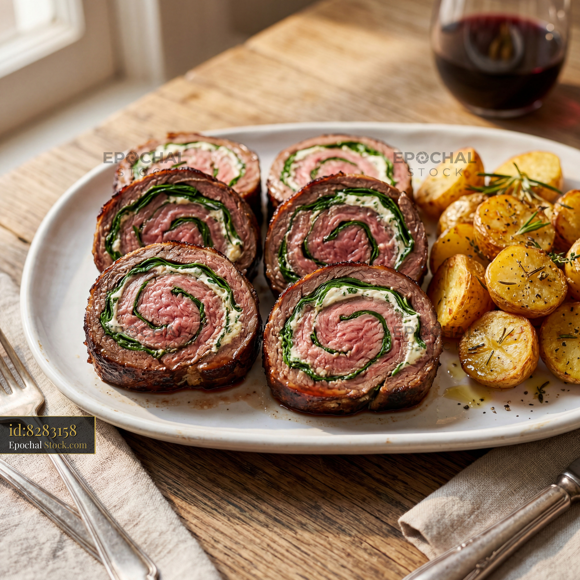Beef Roulade with Spinach, Cheese and Roasted Potatoes - stock photo