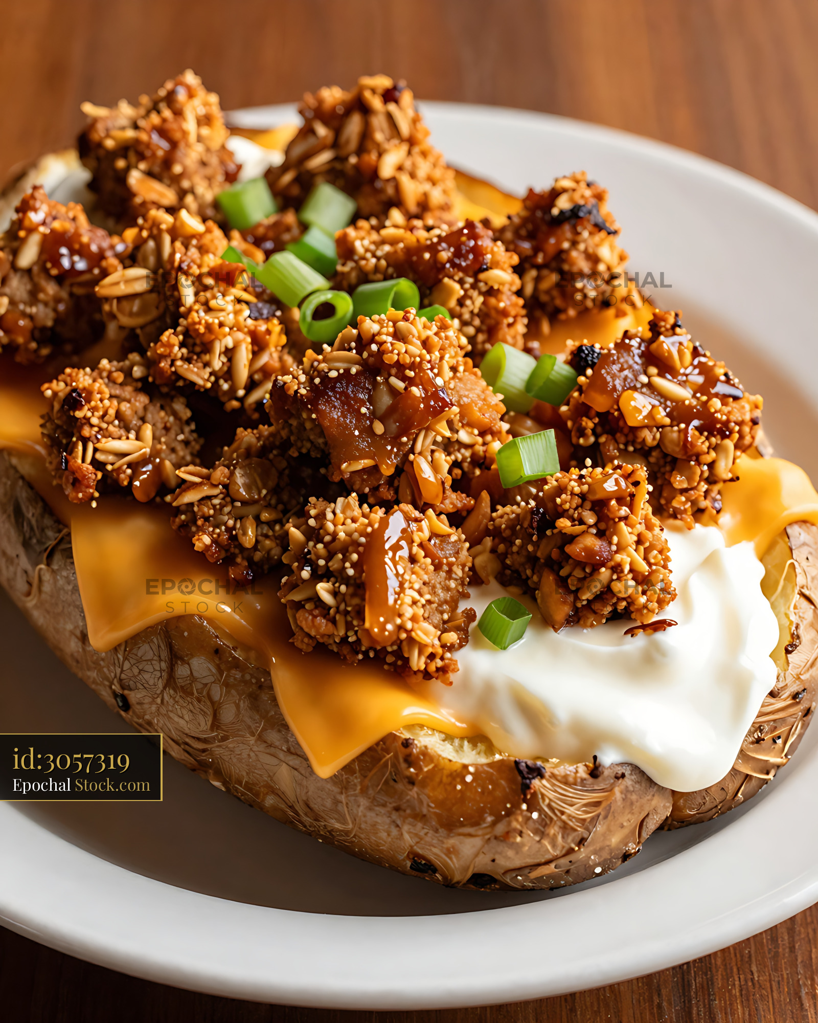 Crispy Fried Goetta Loaded Baked Potato with Cheddar Cheese and Sour Cream - stock photo