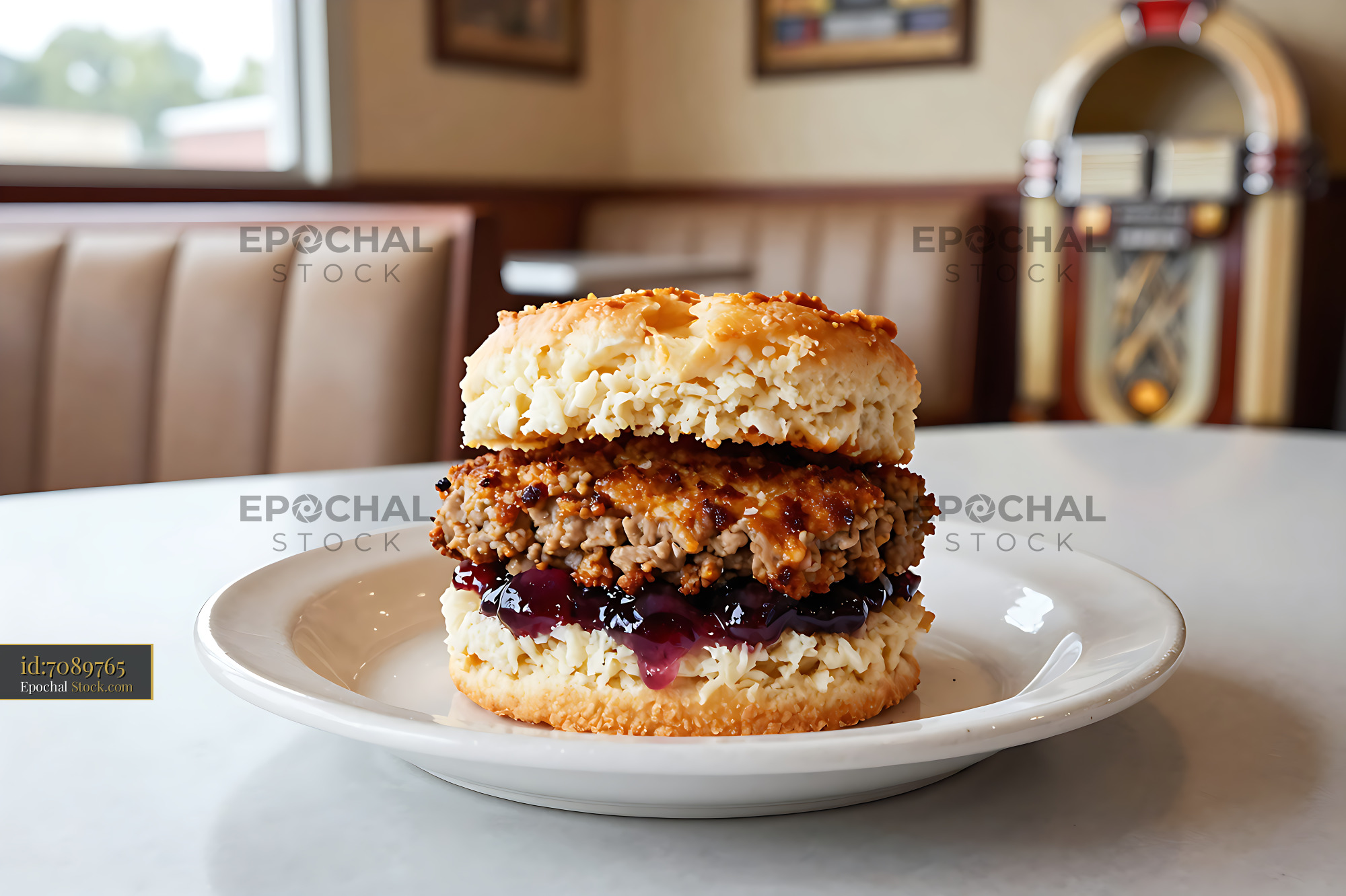 Livermush Sandwich on White Plate in Diner - stock photo