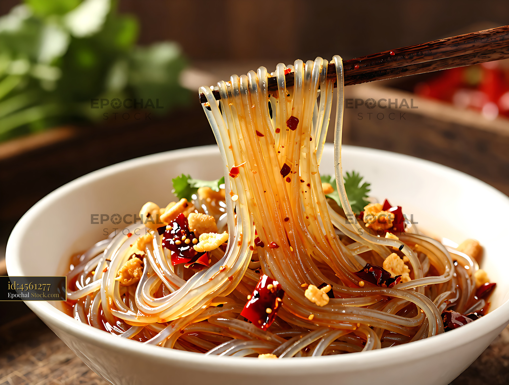 Sichuan Glass Noodle Salad Being Lifted with Chopsticks - stock photo