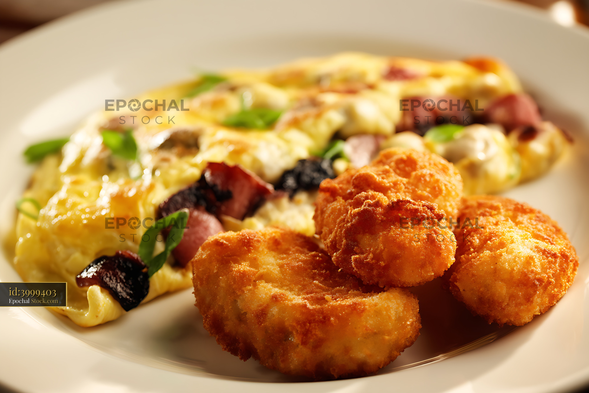 Fried Shrimp and Gourmet Omelet Plate - stock photo