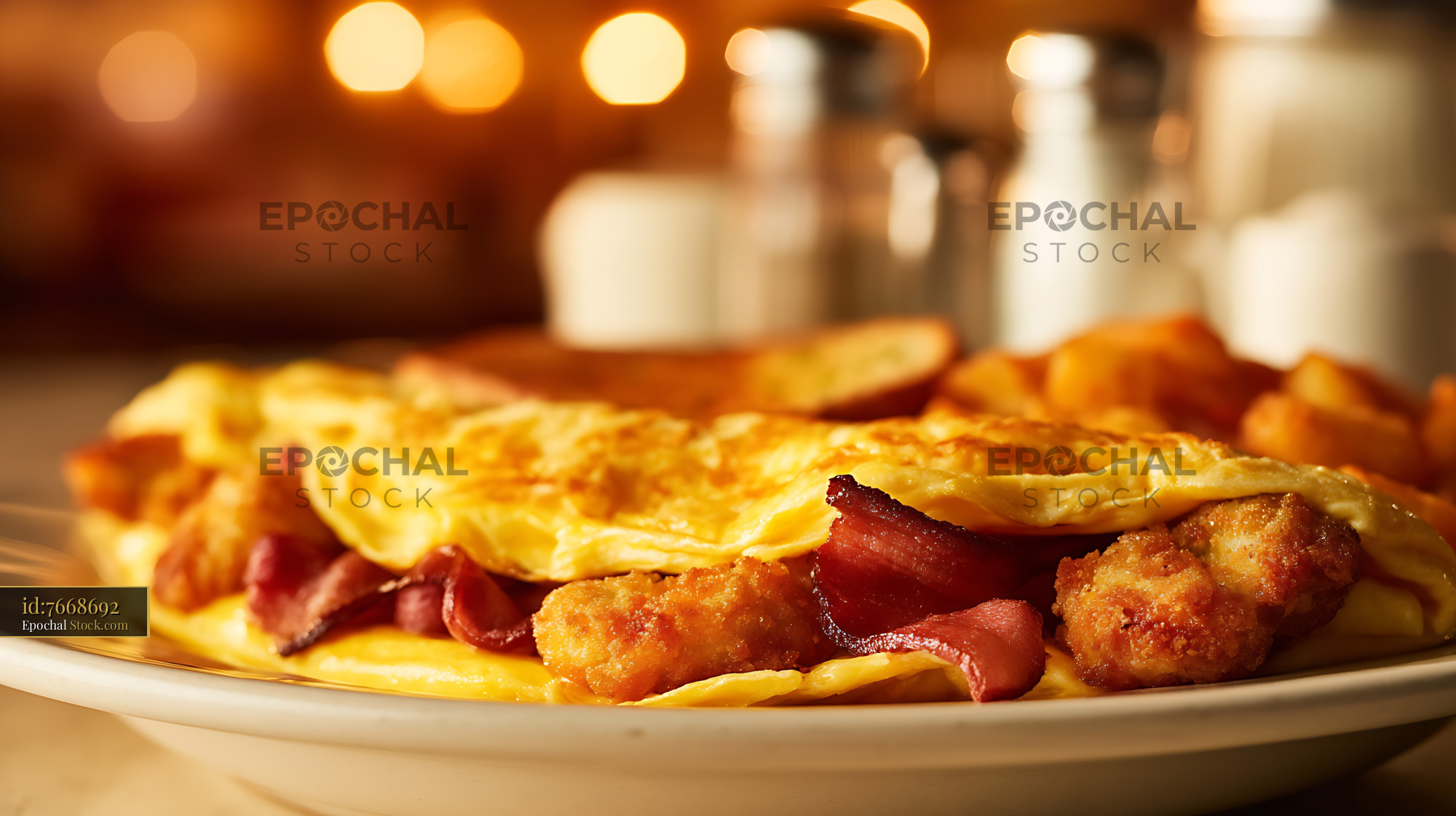 Gourmet Shrimp & Bacon Omelette Breakfast Plated - stock photo