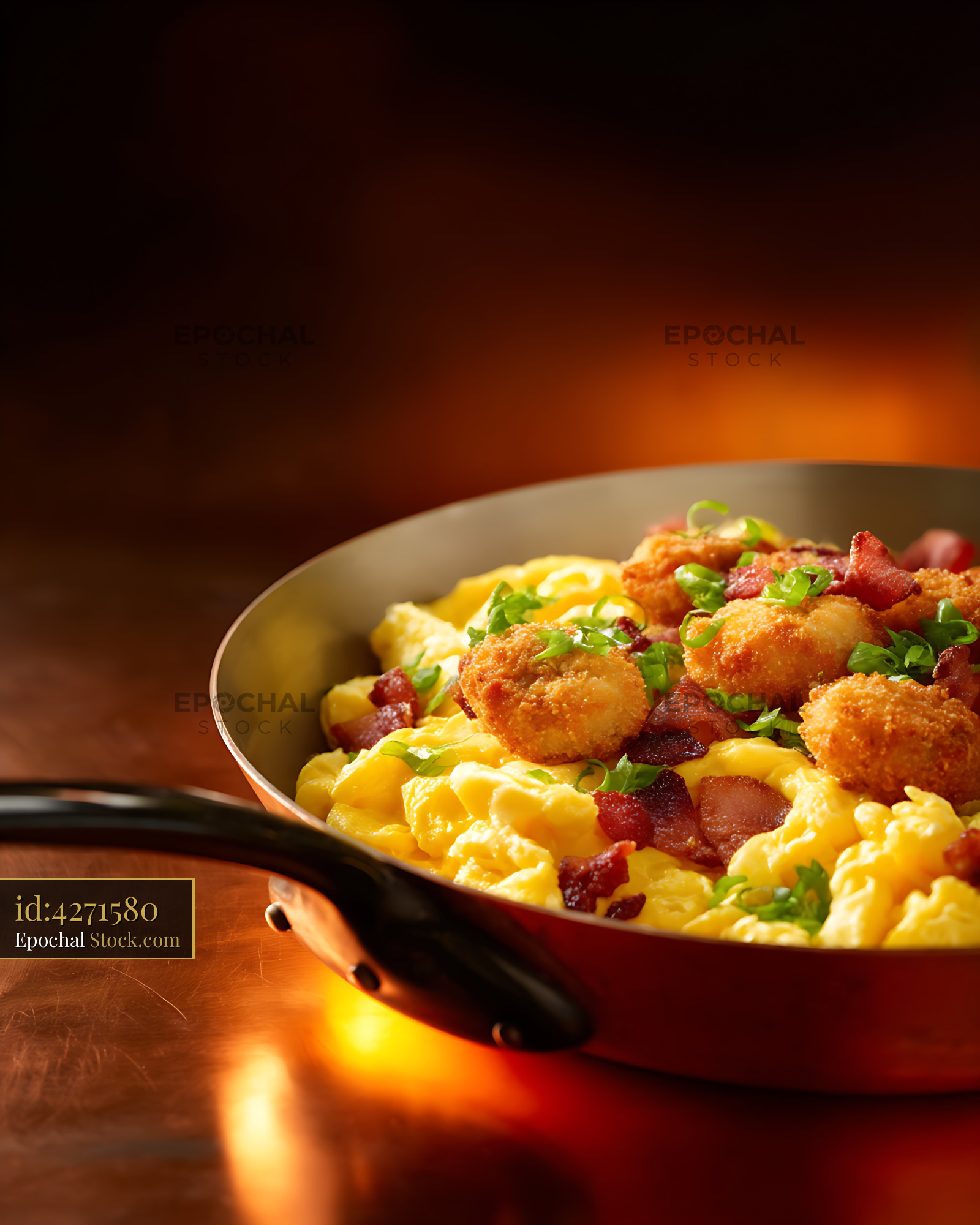 Shrimp Pasta with Crispy Bacon in Wok - stock photo