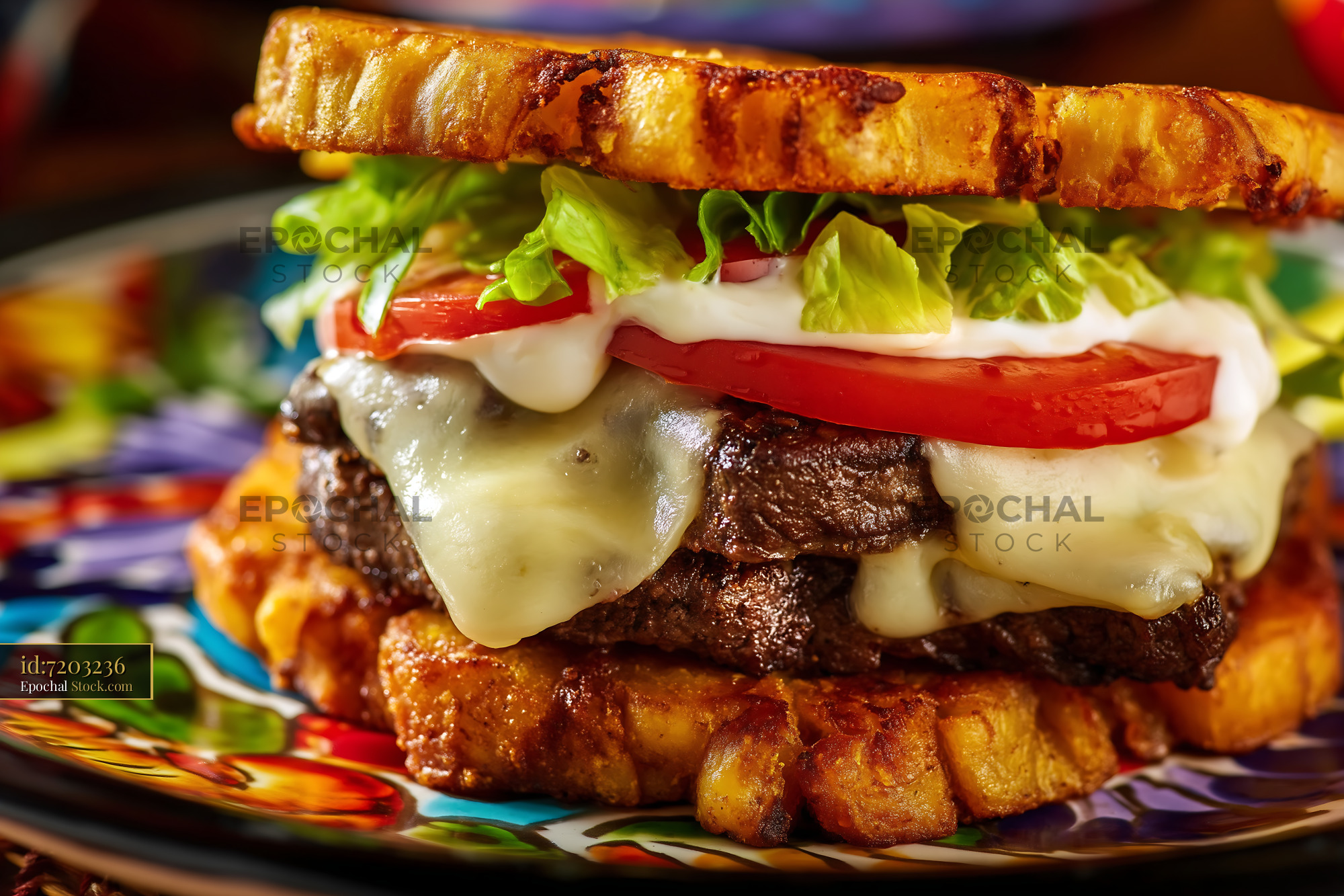 Gourmet Burger with Melted Cheese, Tomato & Crispy Toast - stock photo