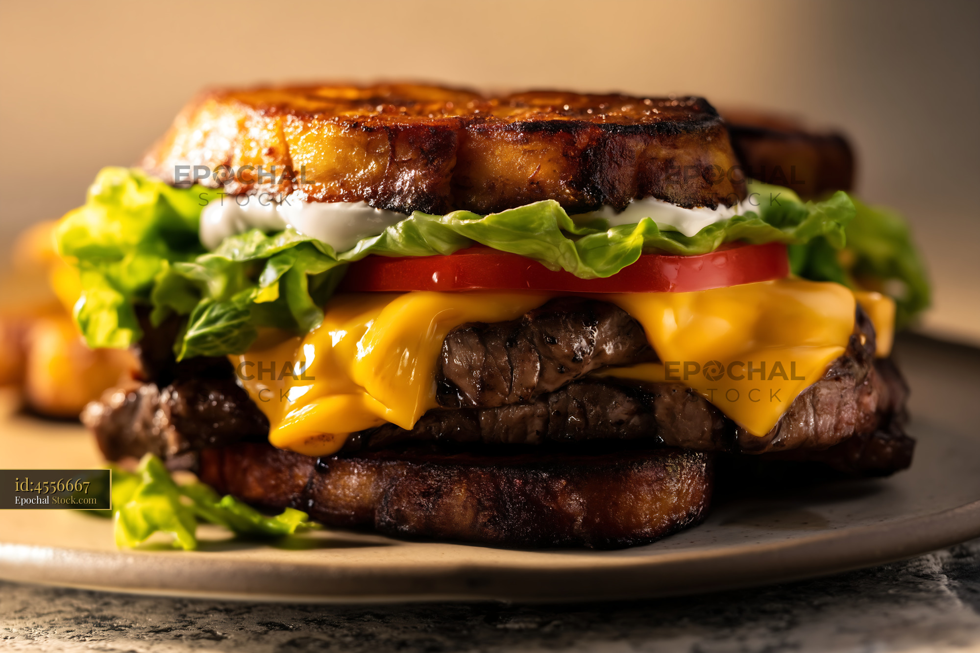 Gourmet Beef Burger with Melted Cheese and Fresh Toppings - stock photo