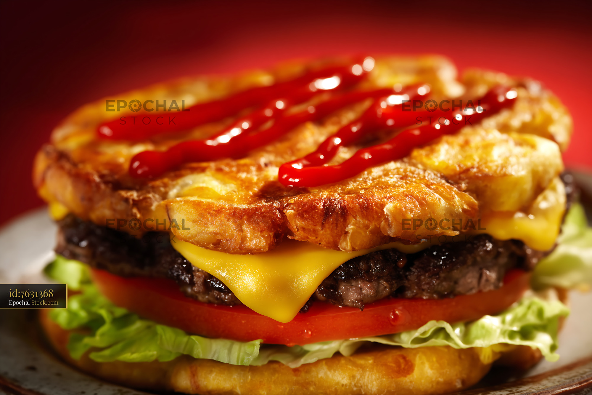 Gourmet Croissant Burger with Melted Cheese & Ketchup - stock photo