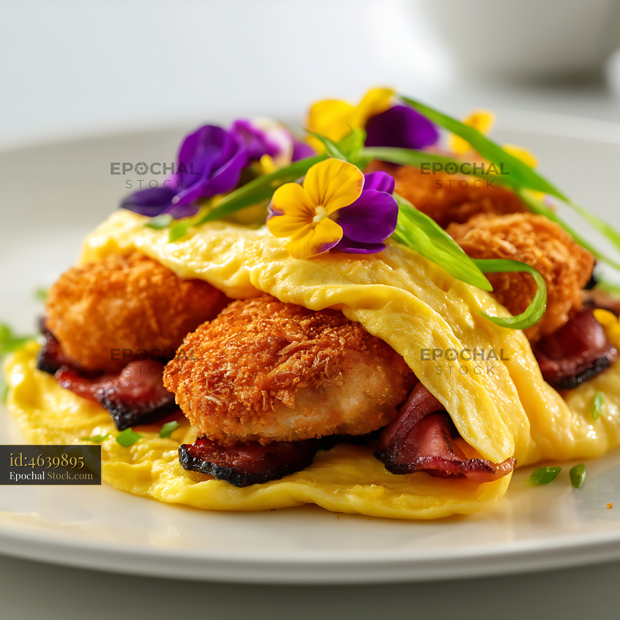 Seared Scallops with Bacon and Edible Flowers - stock photo