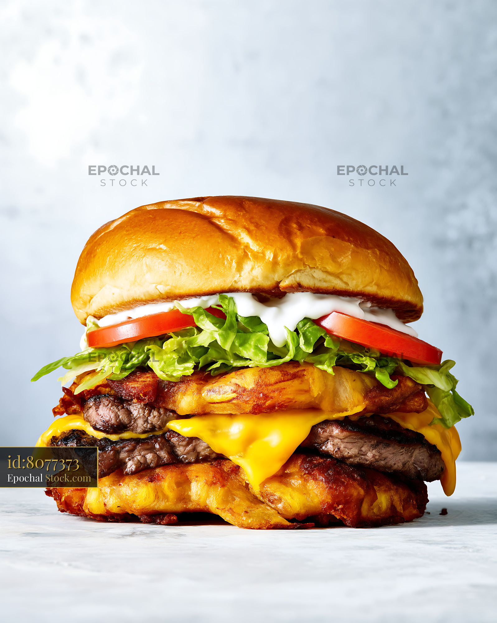 Gourmet Stacked Beef Burger with Hash Brown Base - stock photo