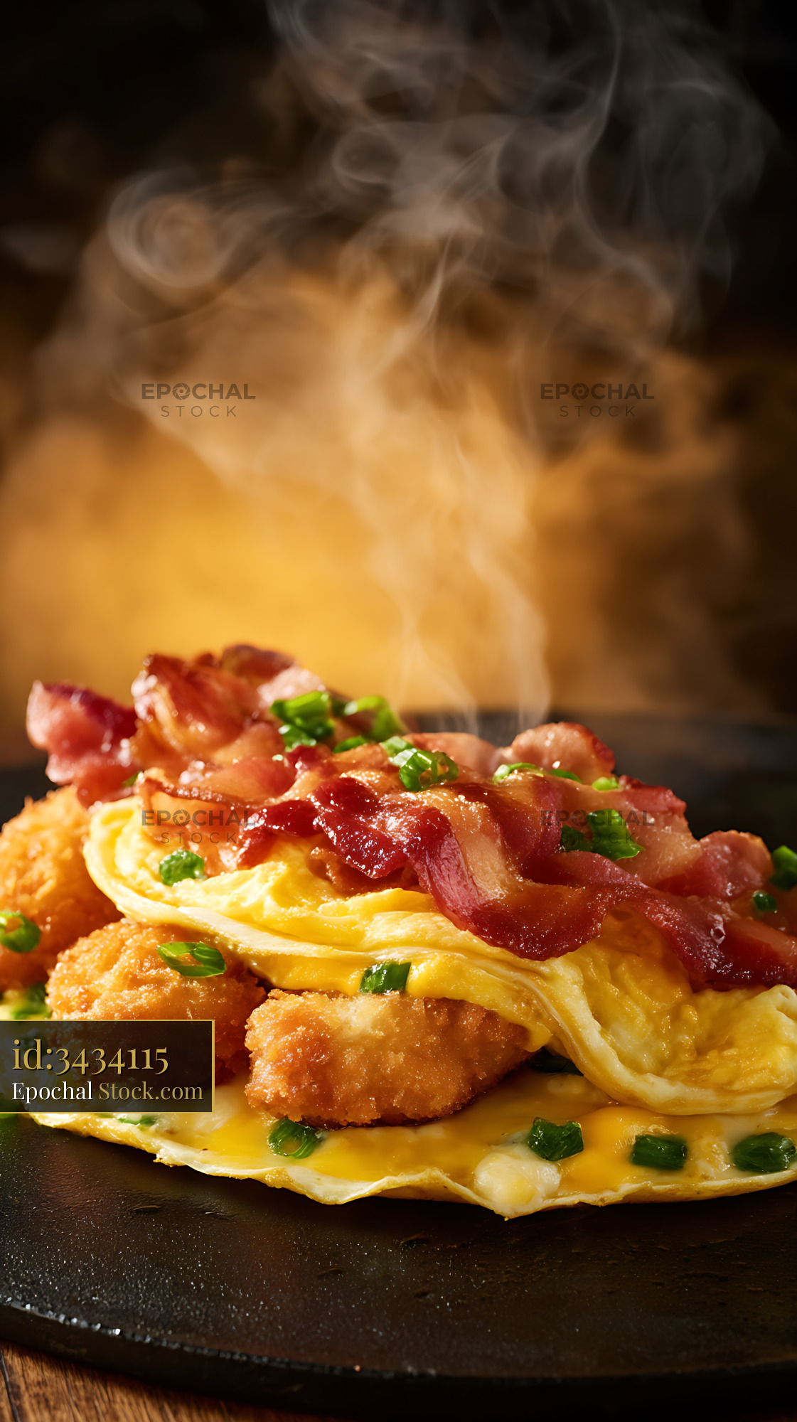 Crispy Shrimp Bacon Eggs Gourmet Breakfast - stock photo