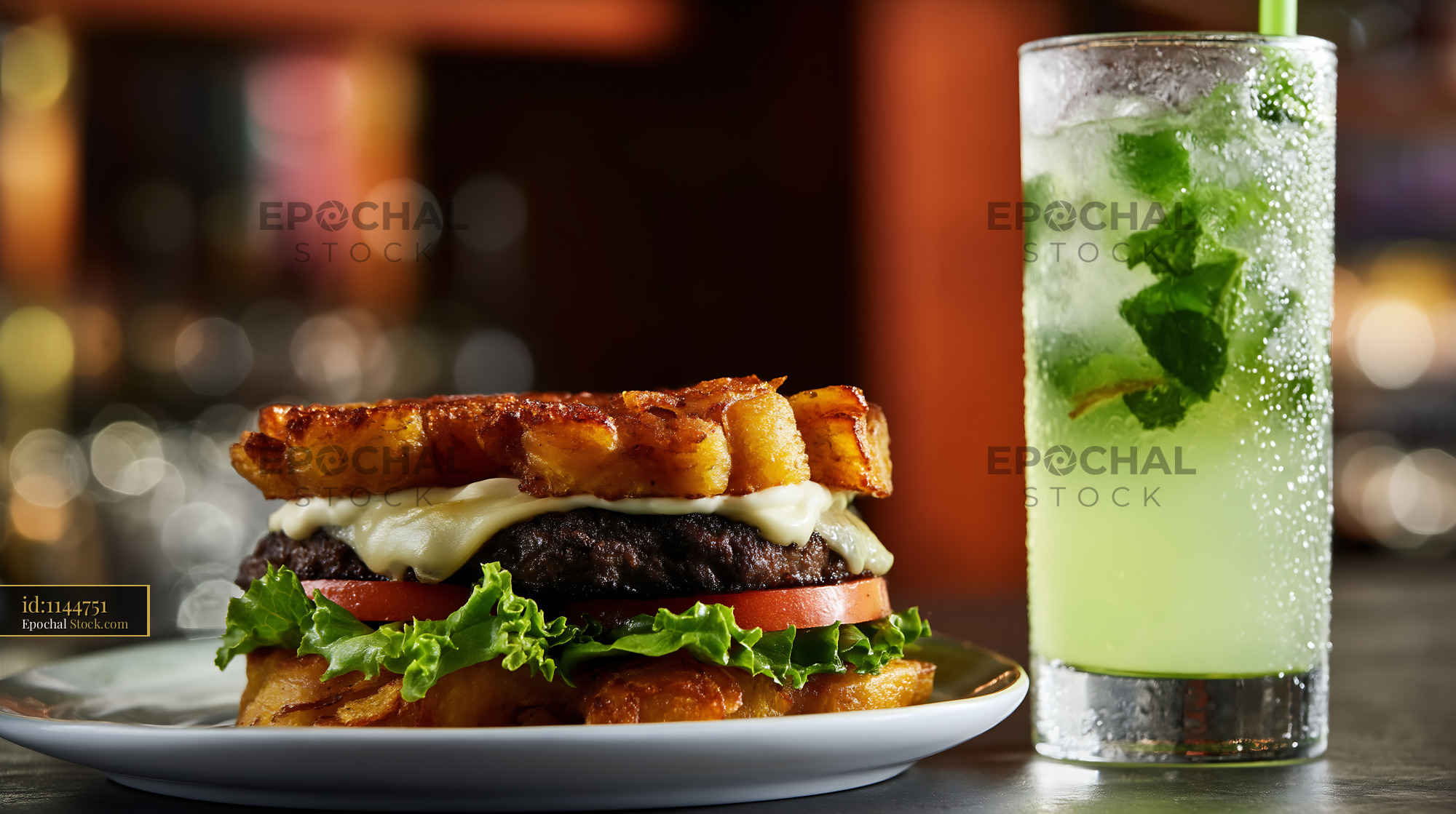 Jibarito Burger with Crispy Plantain Buns and Mojito Cocktail in Upscale Restaurant - stock photo