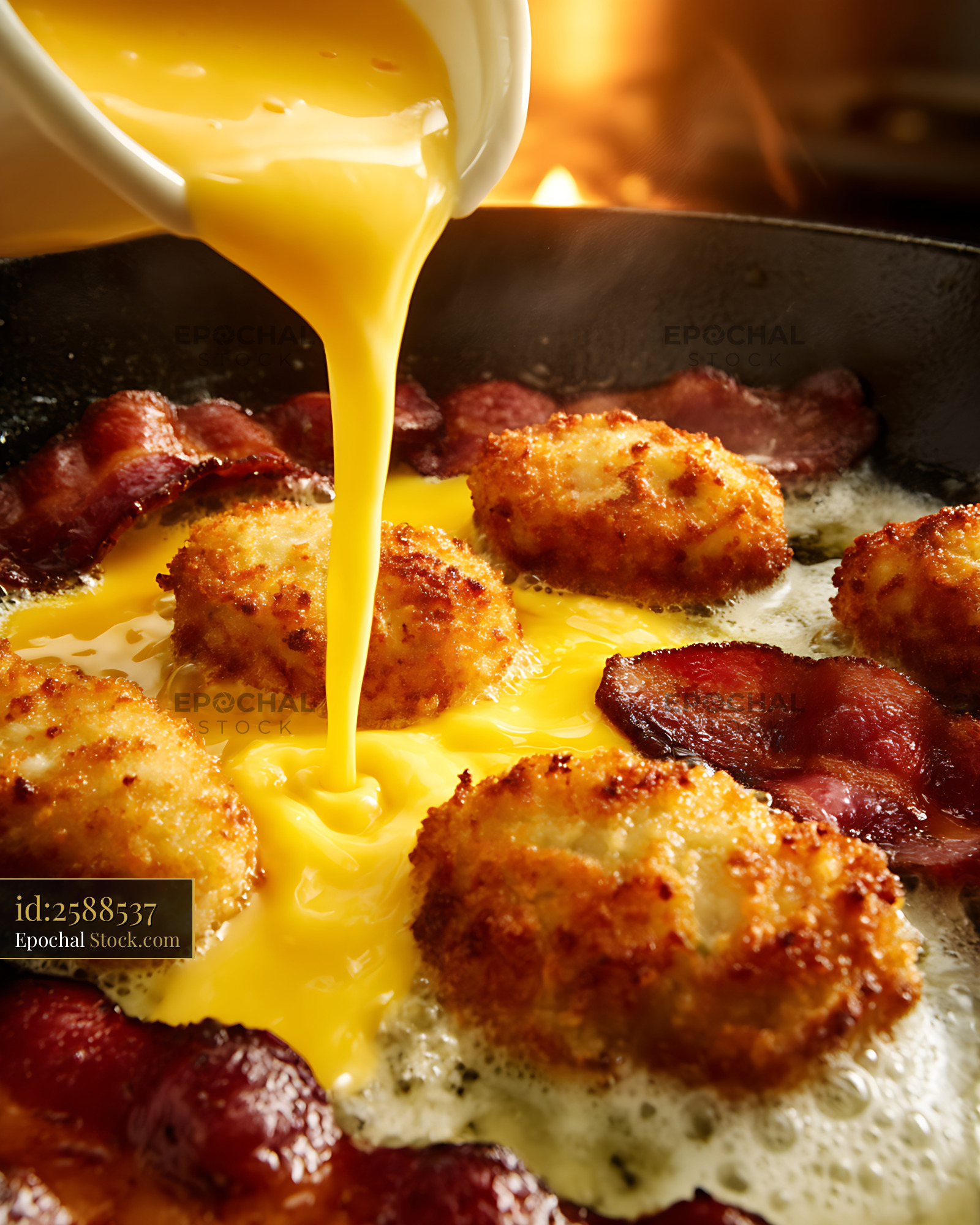 Melted Cheese Poured Over Breakfast Skillet - stock photo