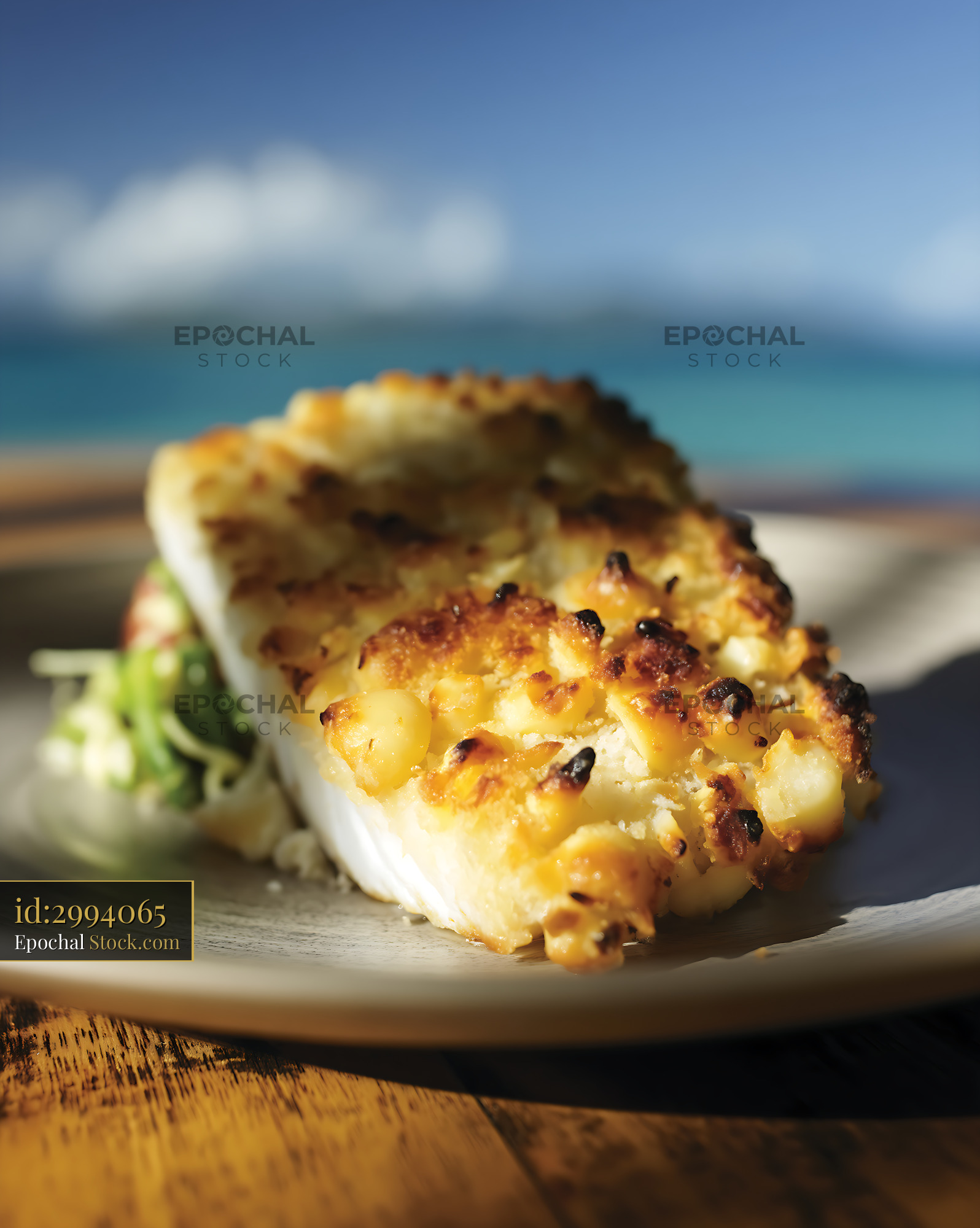 Macadamia Crusted Fish with Beach Backdrop - stock photo