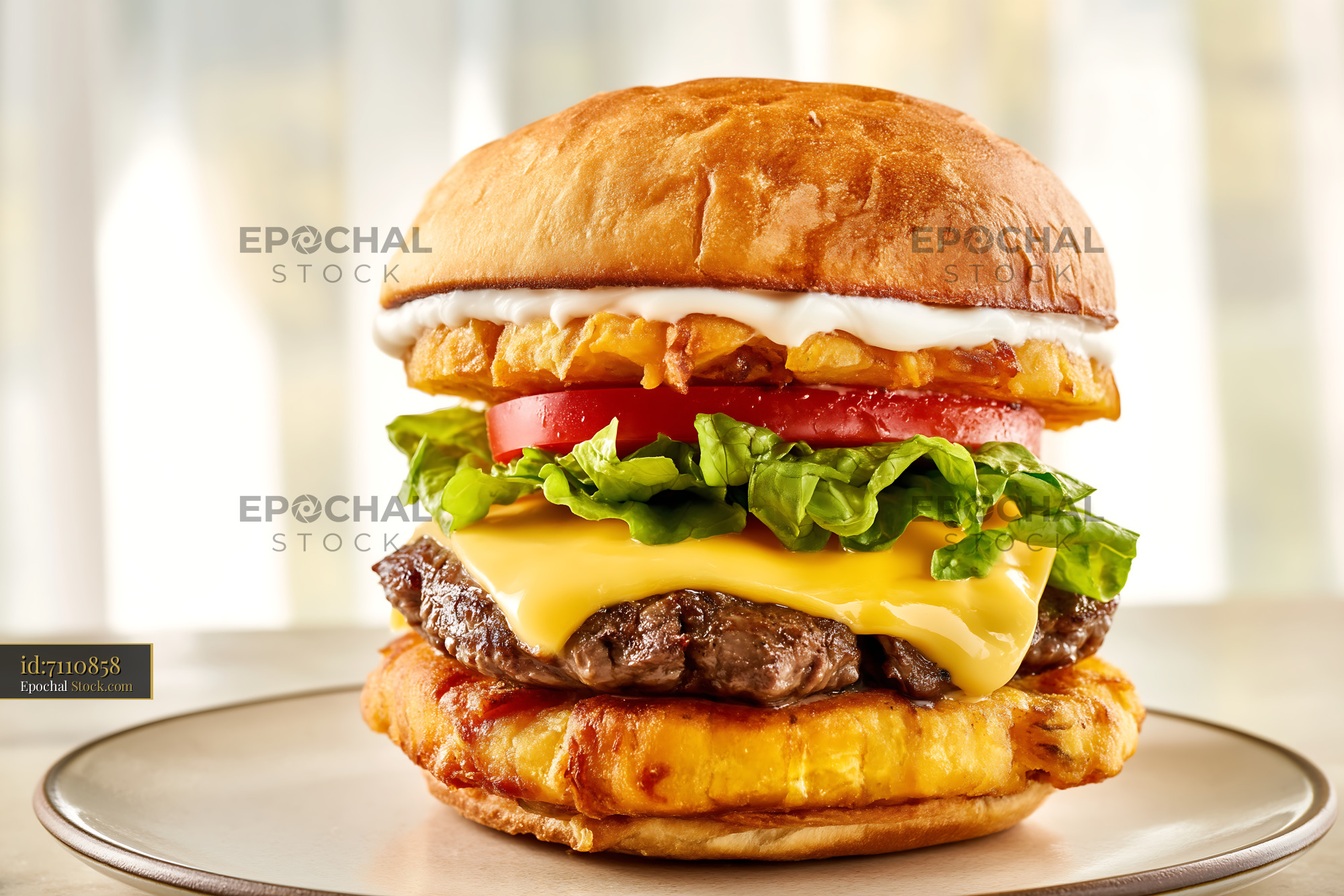 Luxury Cheeseburger with Stacked Waffle Fries - stock photo