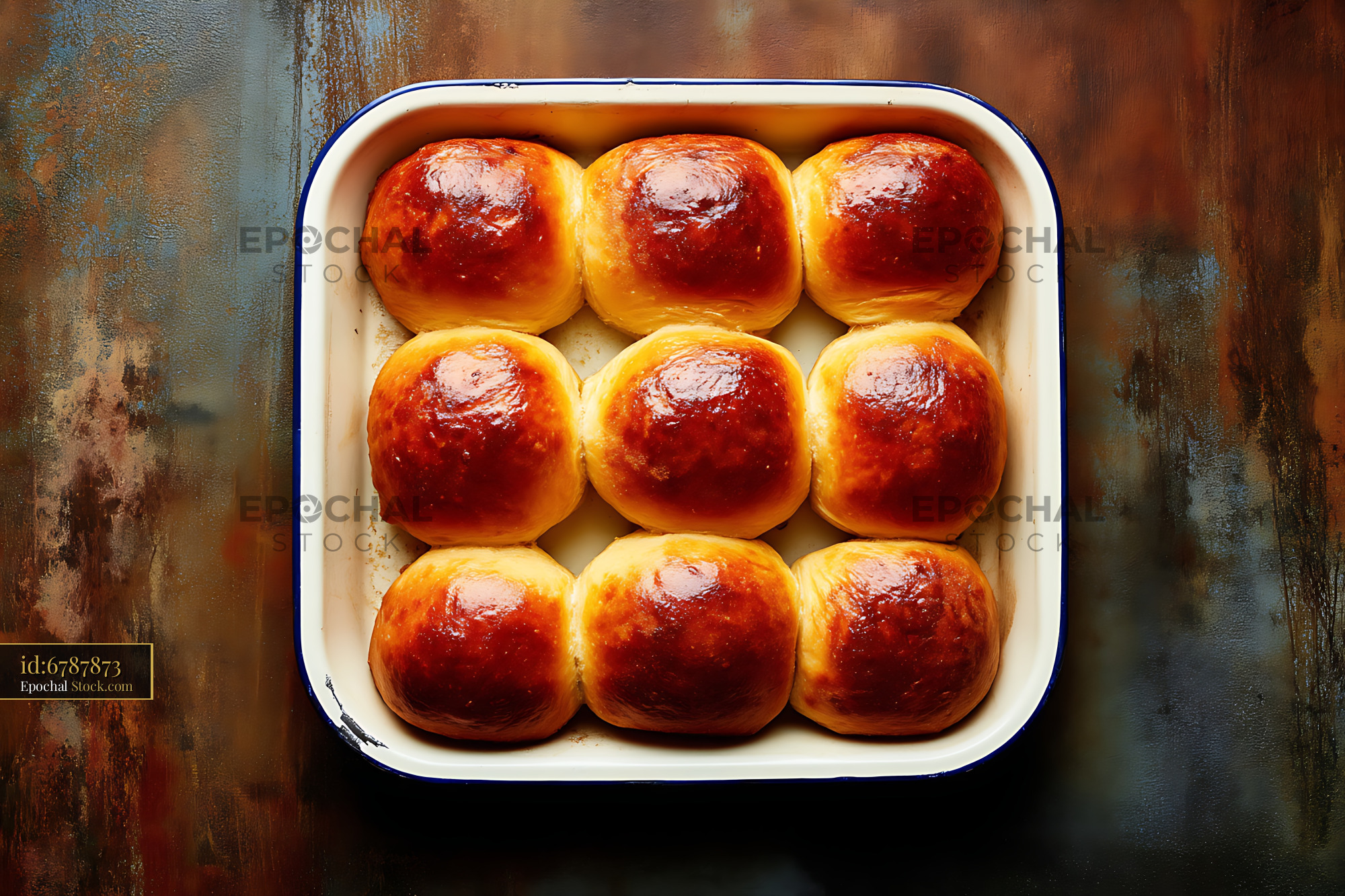 Freshly Baked Dinner Rolls in Enamel Pan - stock photo