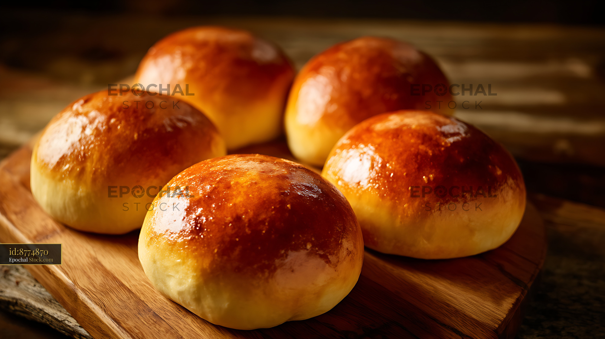Freshly Baked Golden Brioche Rolls on Wooden Board - stock photo