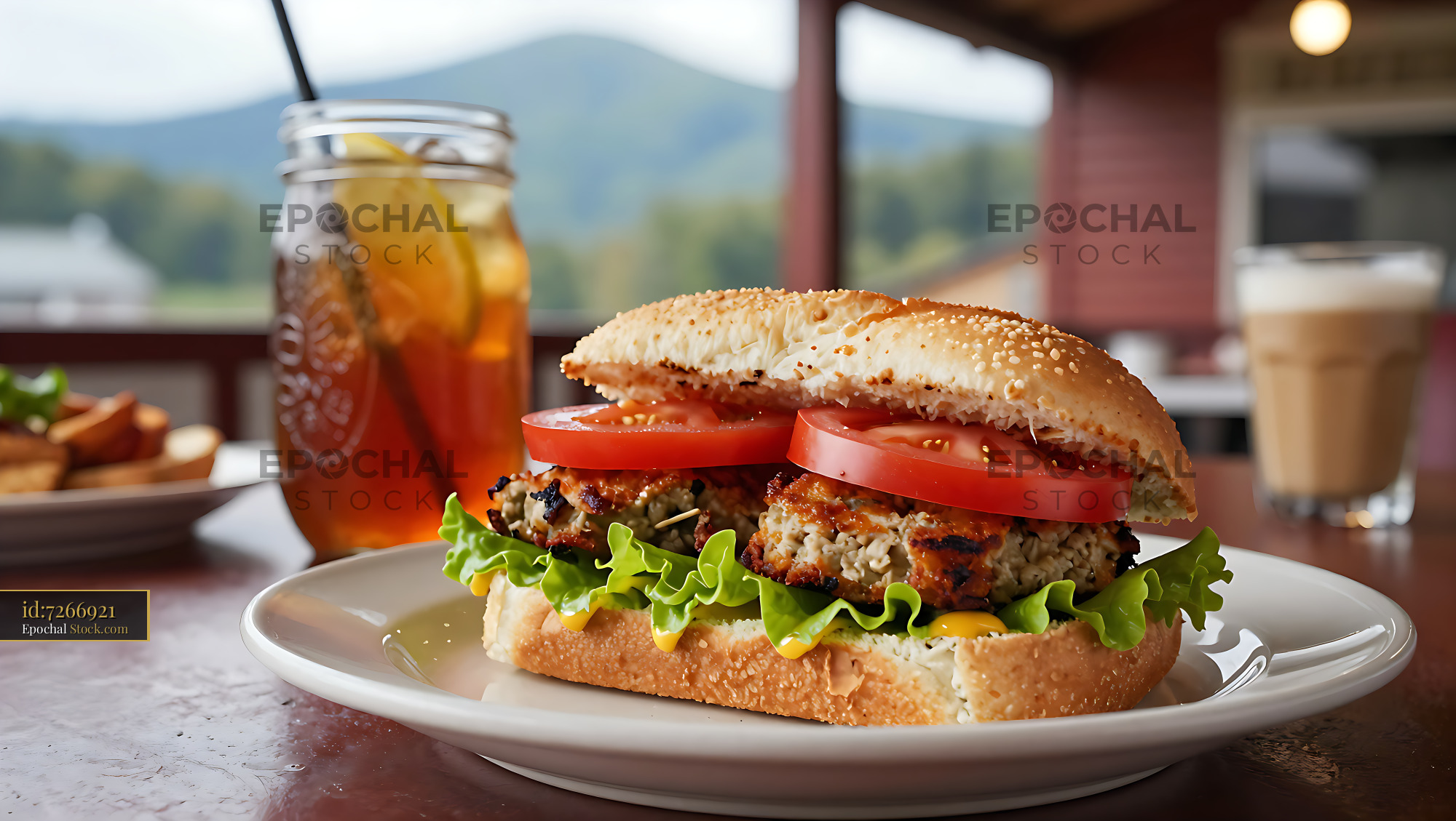 Livermush Sandwich with Iced Tea Scenic Patio - stock photo