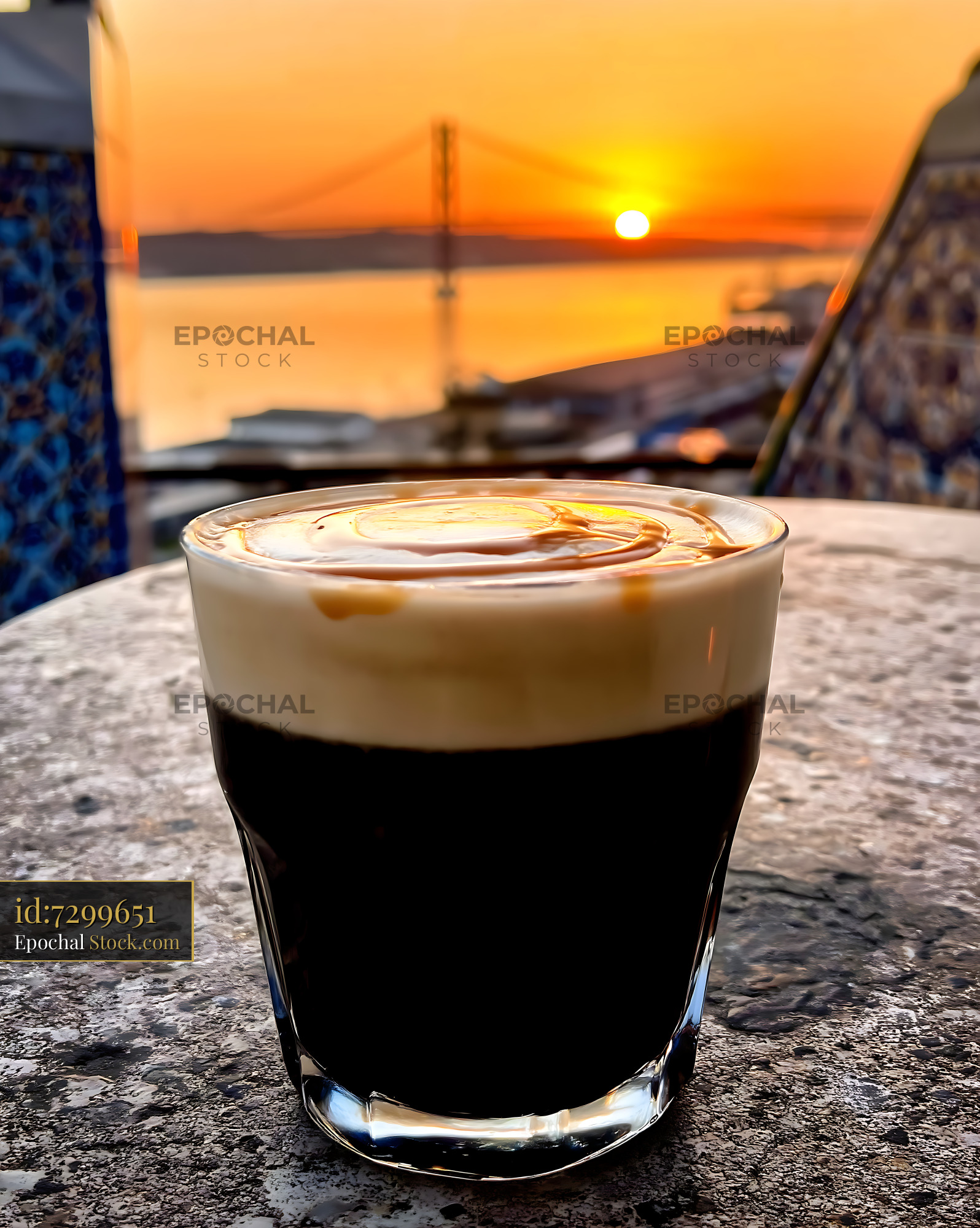 Nitro Caramel Coffee at Waterfront Sunset - stock photo