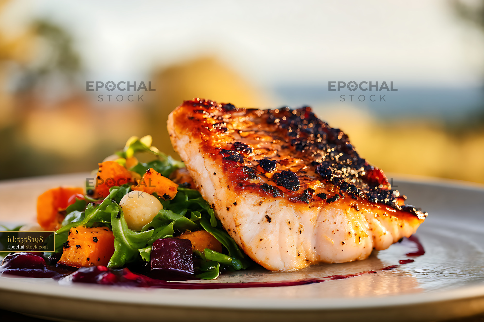 Seared Murray Cod Fillet with Roasted Vegetables - stock photo