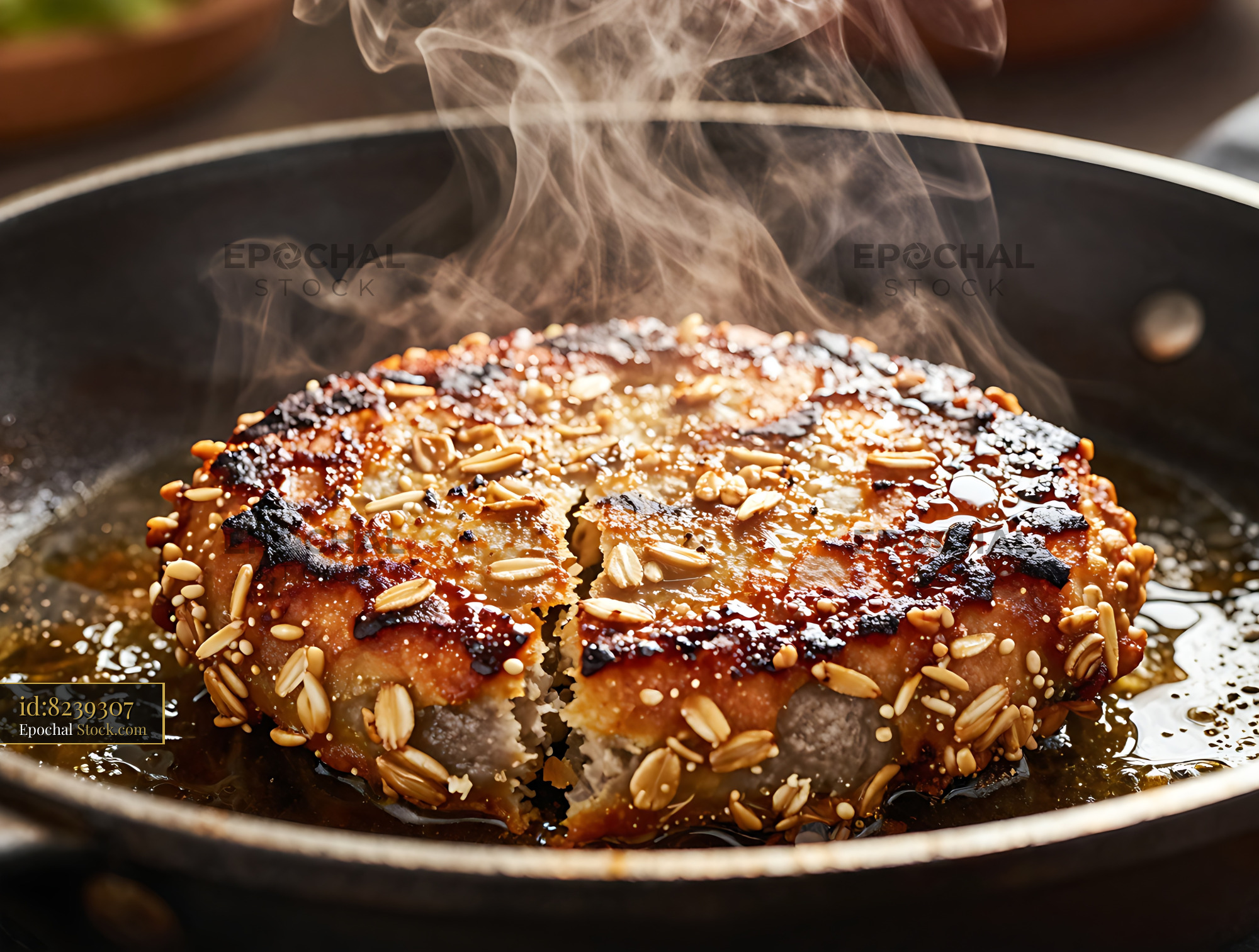 Caramelized Almond Cake in Skillet with Steam - stock photo