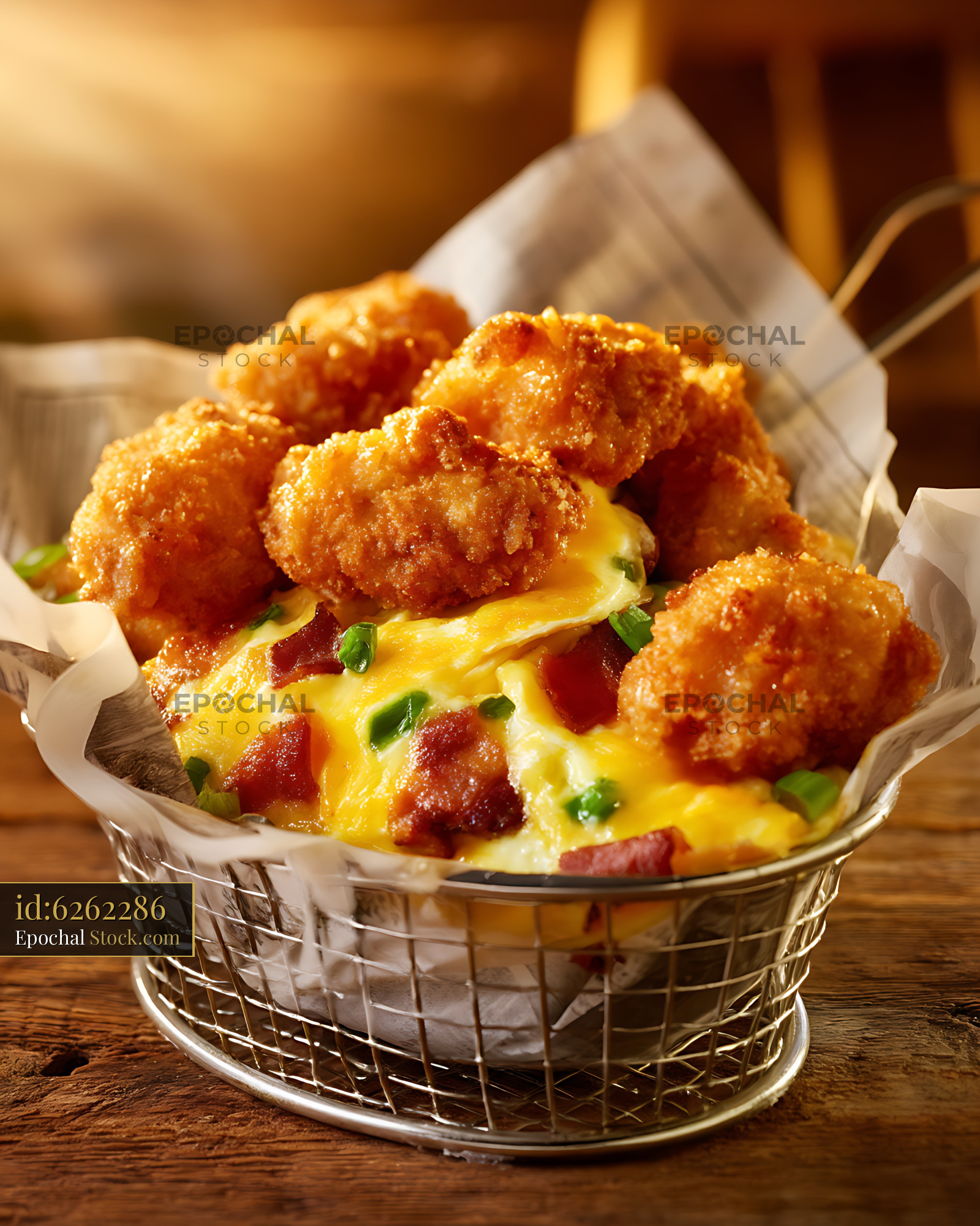 Crispy Fried Chicken Over Bacon Cheese Omelet - stock photo